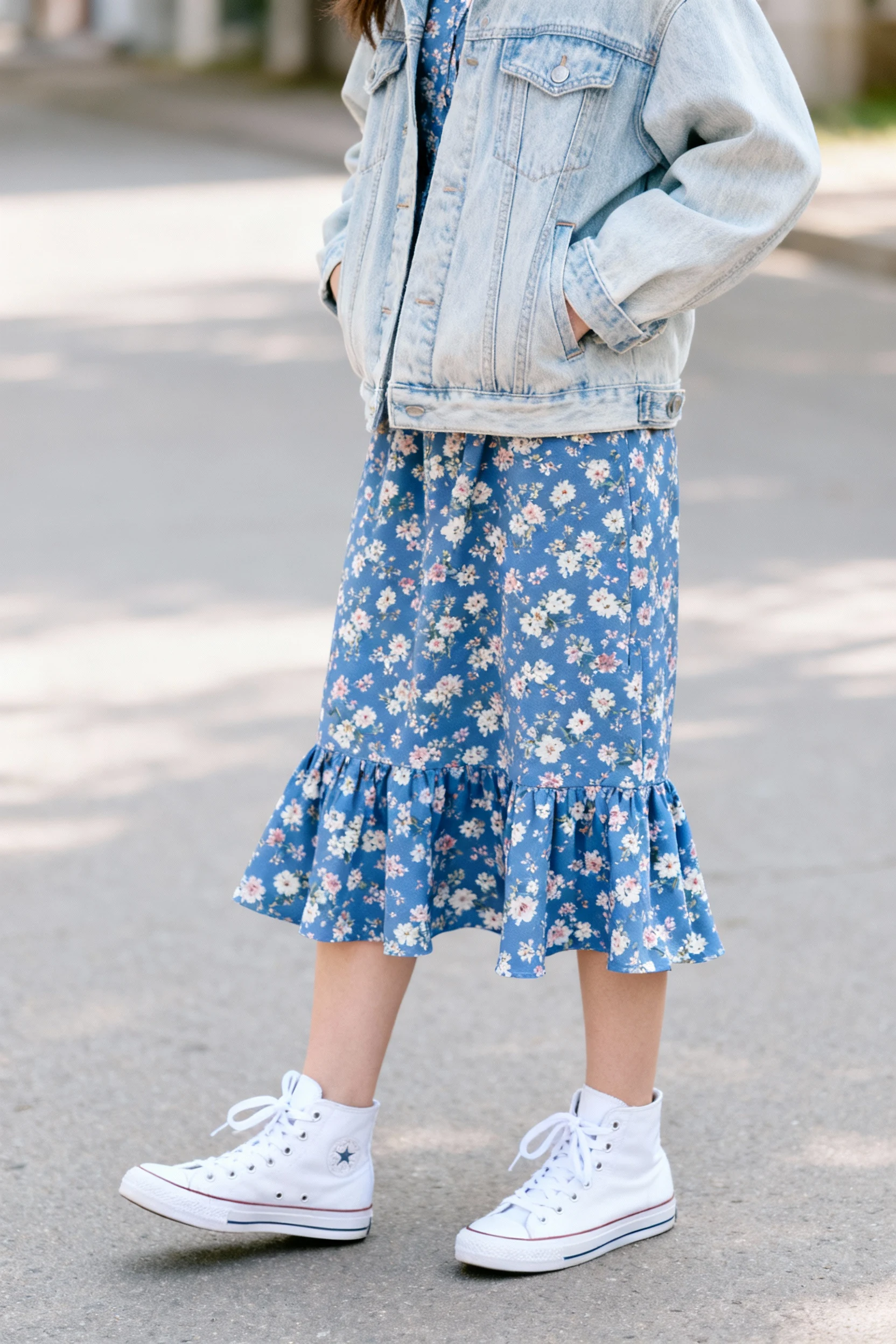 female student light-wash denim jacket, blue floral midi, white high-tops