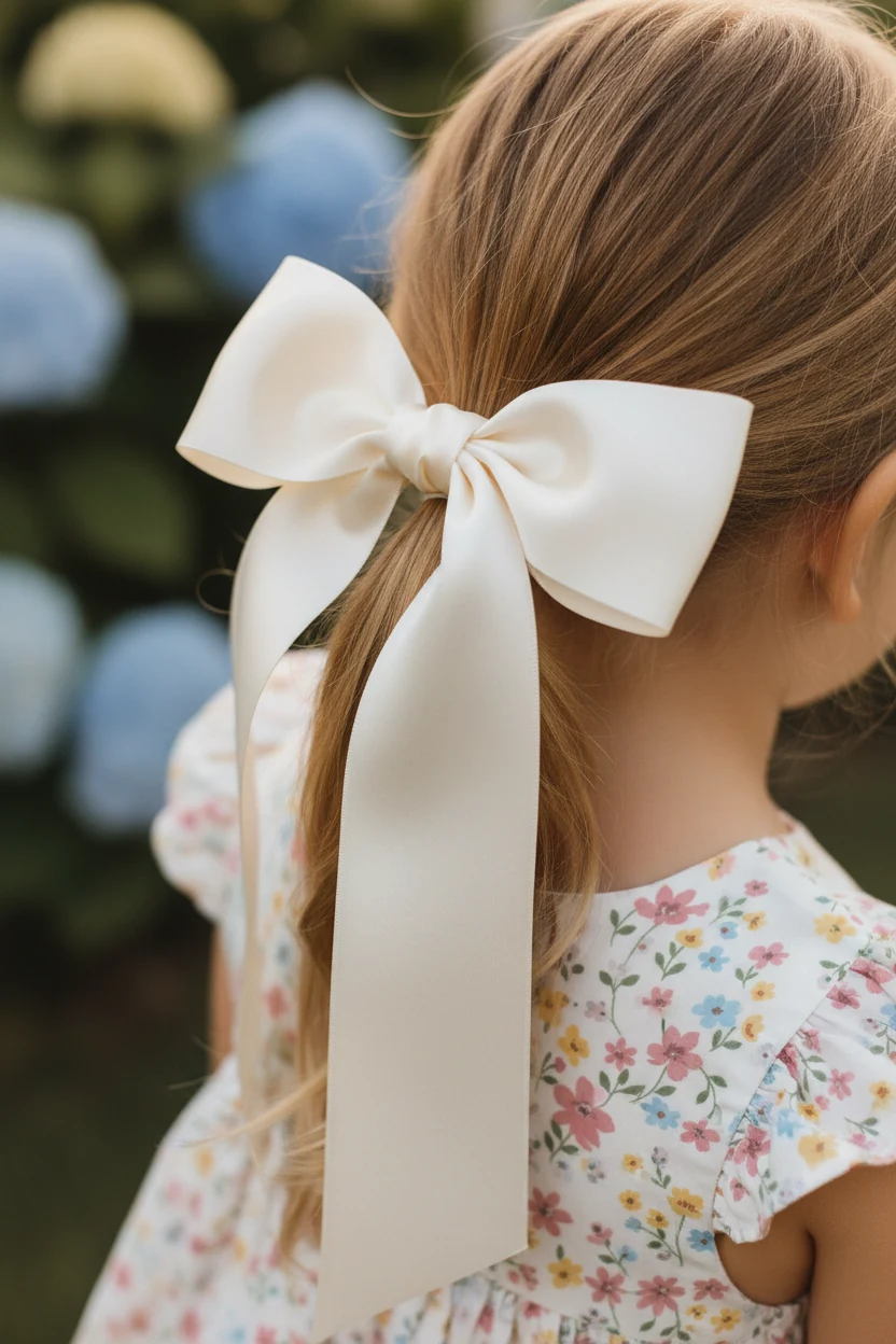 closeup of satin ribbon wrapped around ponytail above baby doll floral sundress fabric