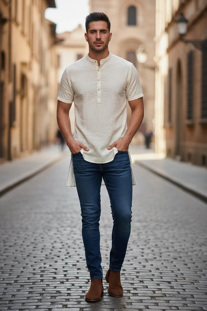 short cream kurta with dark slim jeans and brown chelsea boots