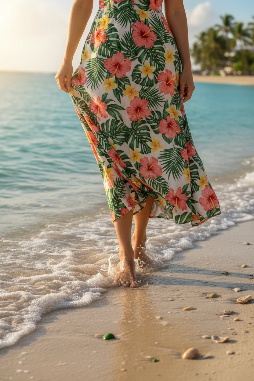 bare feet of woman walking on shoreline wearing flowy tropical print maxi dress in sea breeze