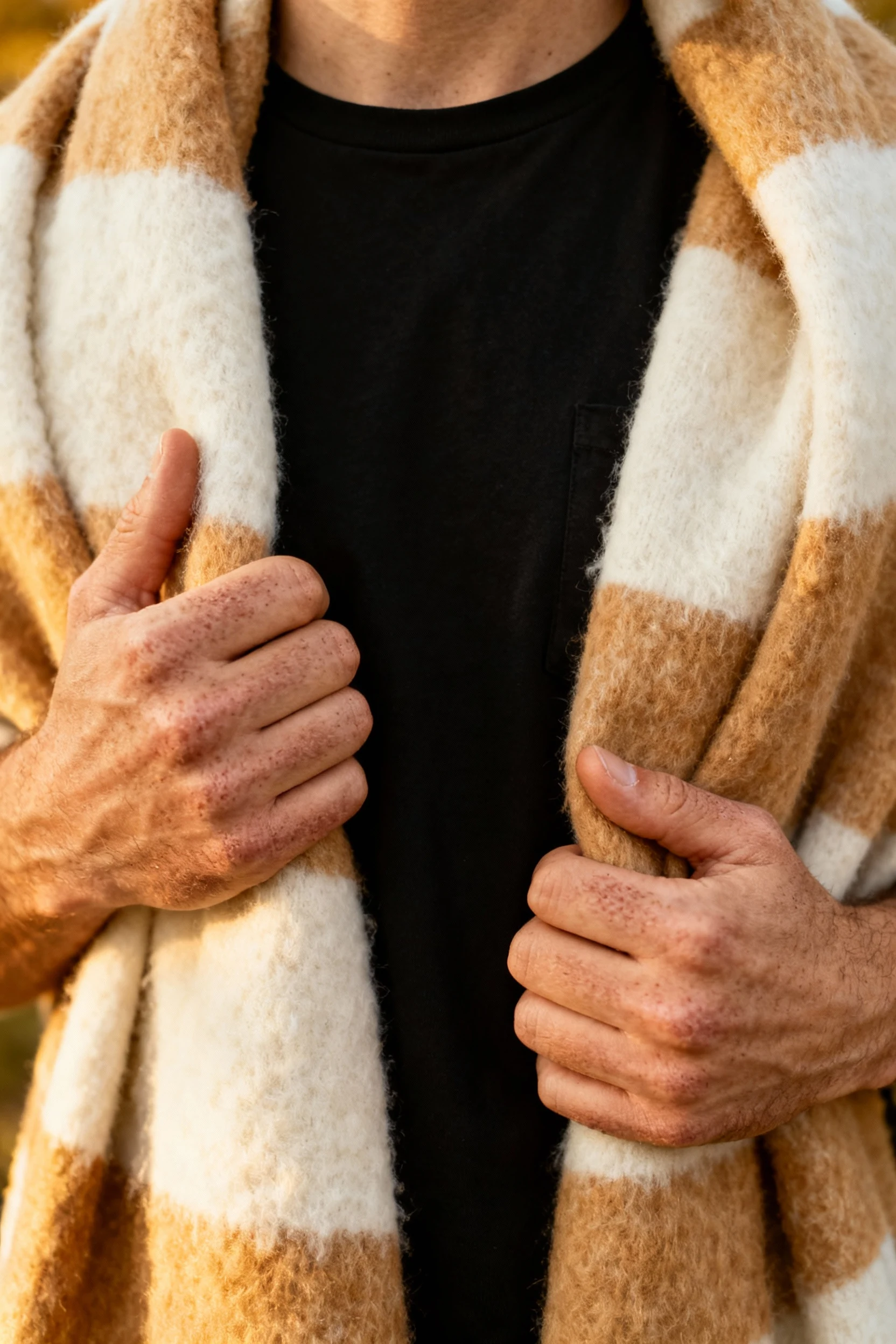 closeup hands wrapping big cozy scarf over black tee