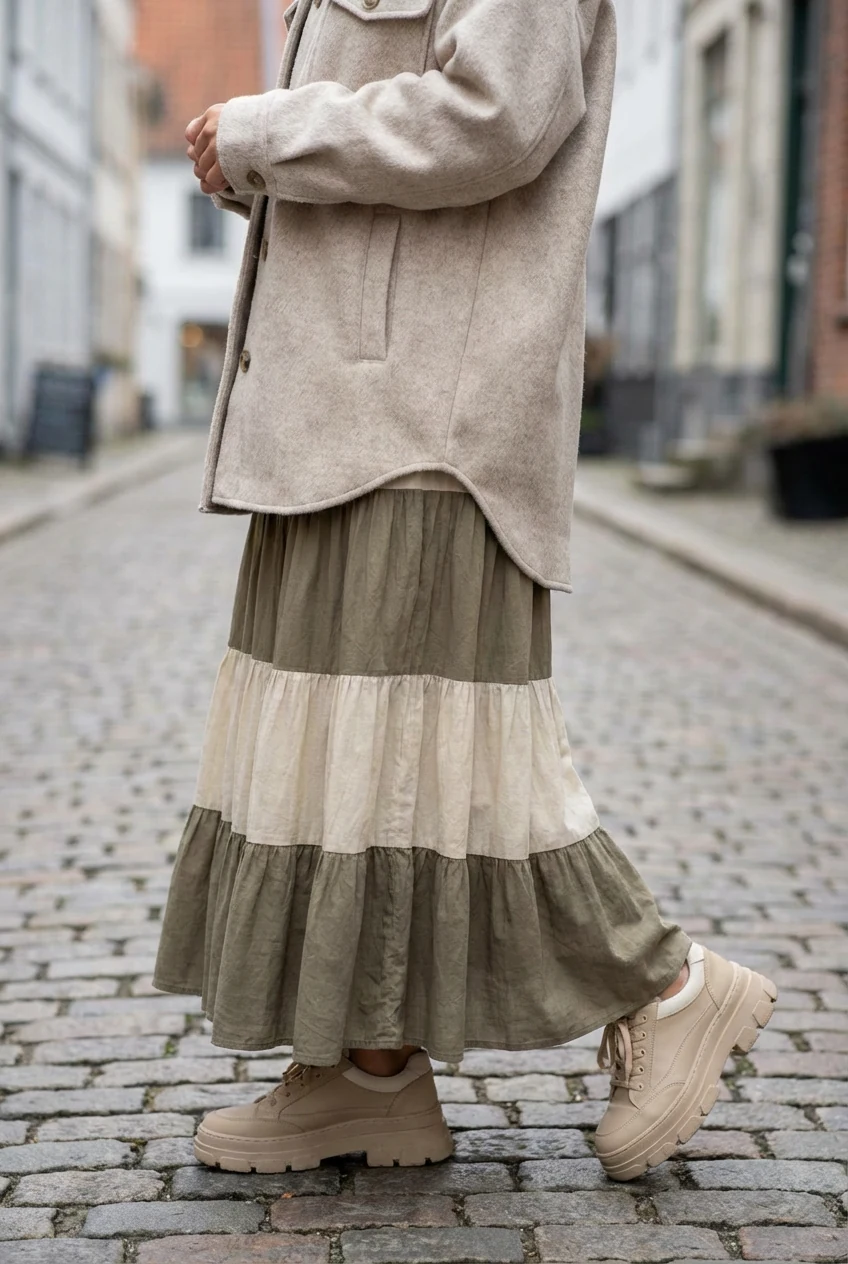 tiered maxi hem with neutral platform sneakers, wool shacket texture