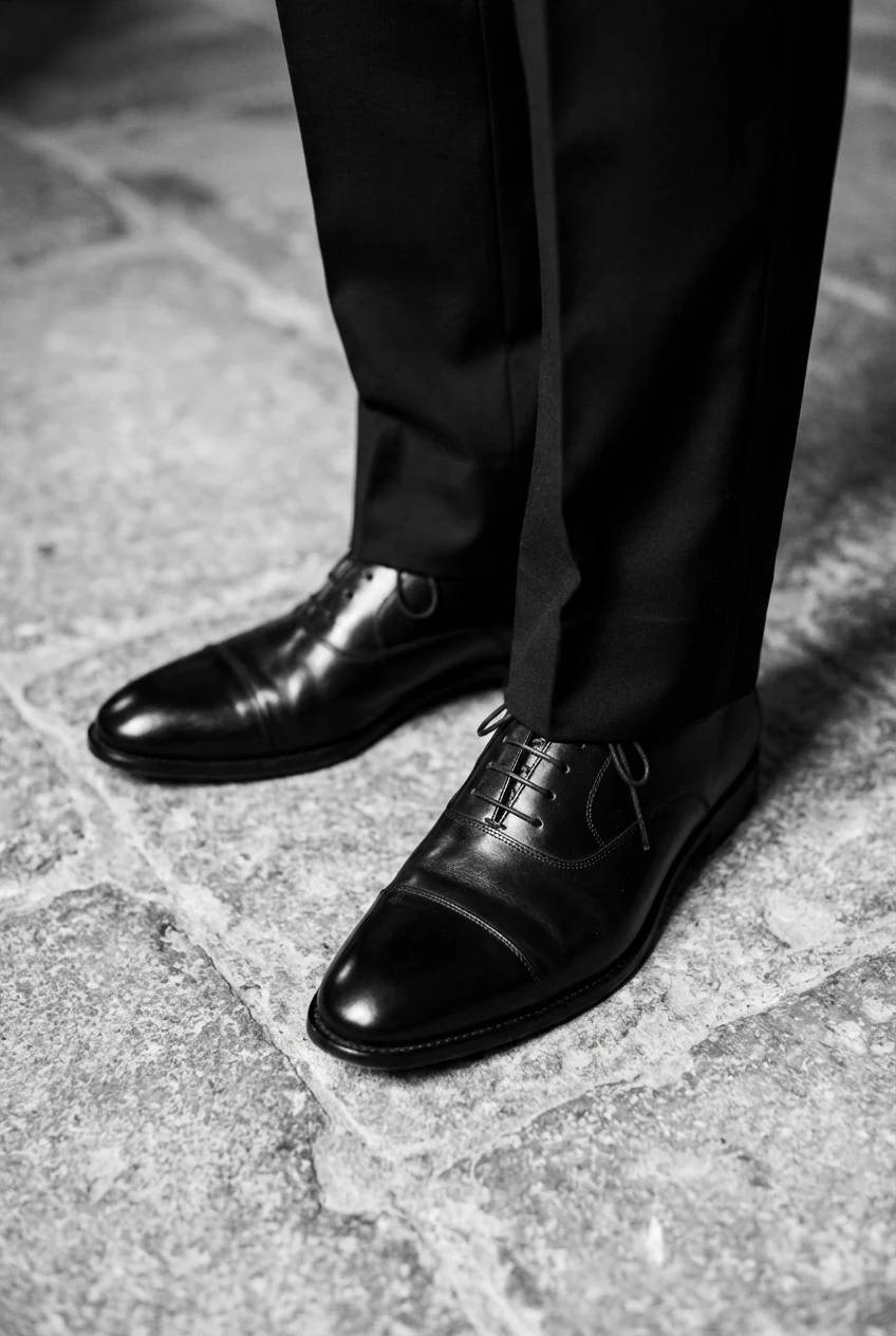 male closeup of black-and-white Oxfords beneath black tux hem