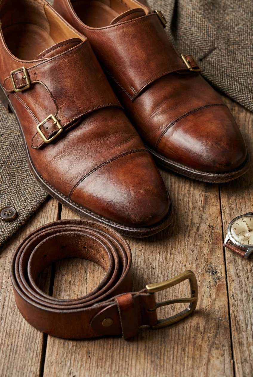closeup double monk strap shoes, matching brown belt