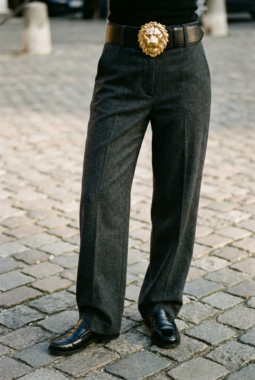 female wide-leg trousers, black loafers, gold statement belt buckle closeup