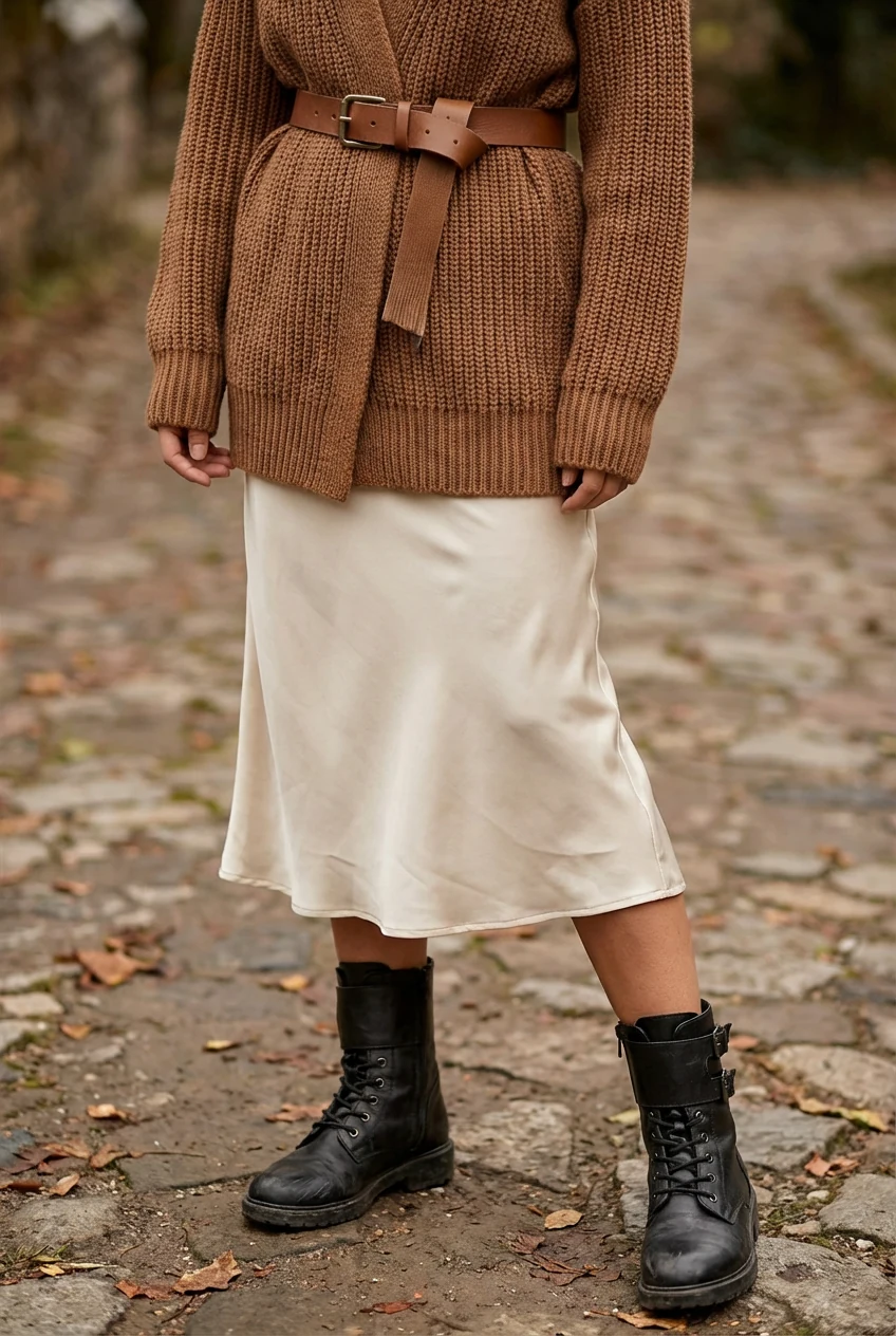 closeup belted ribbed cardigan over satin slip, combat boots