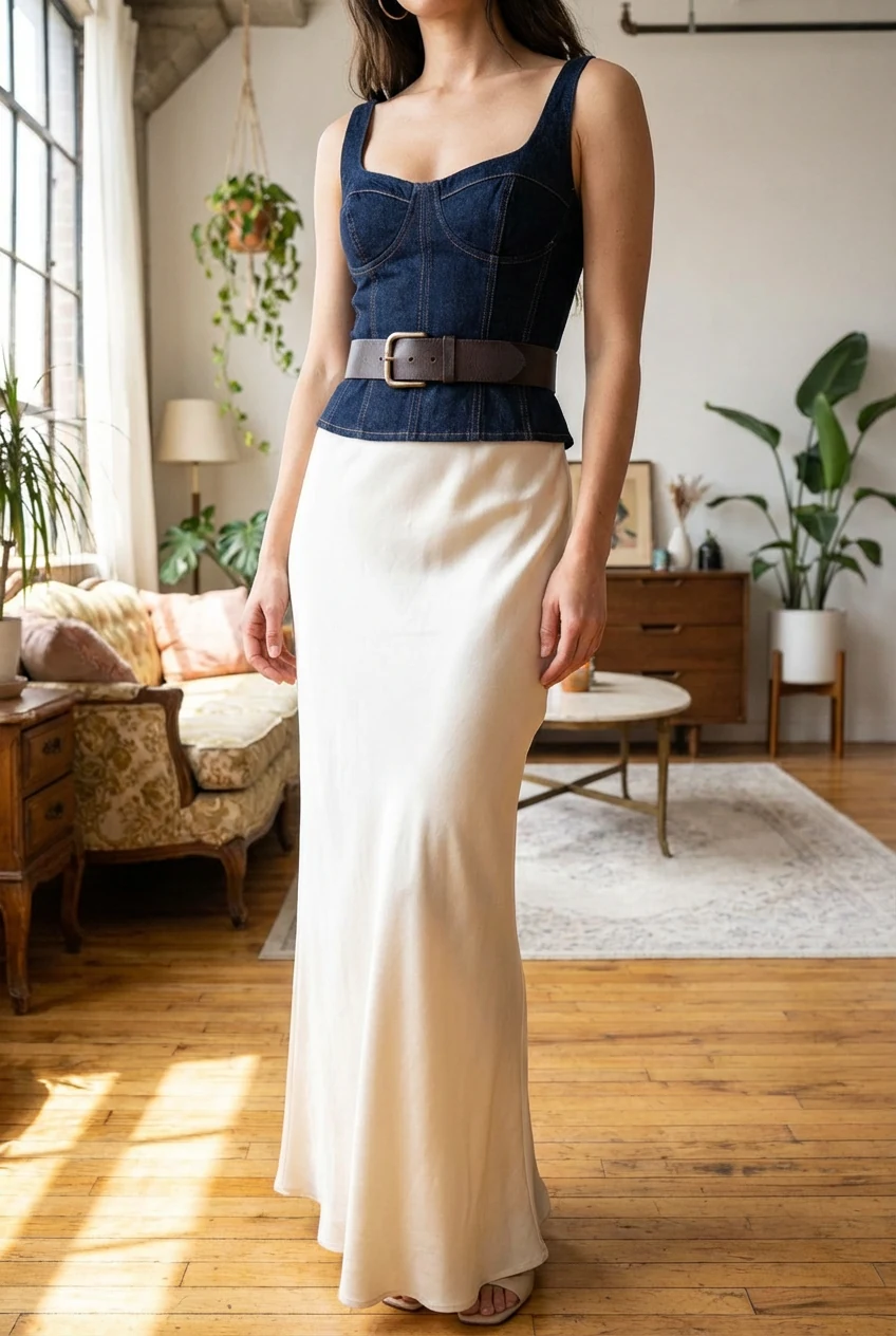 denim bustier over bias-cut maxi slip, female waist cinched