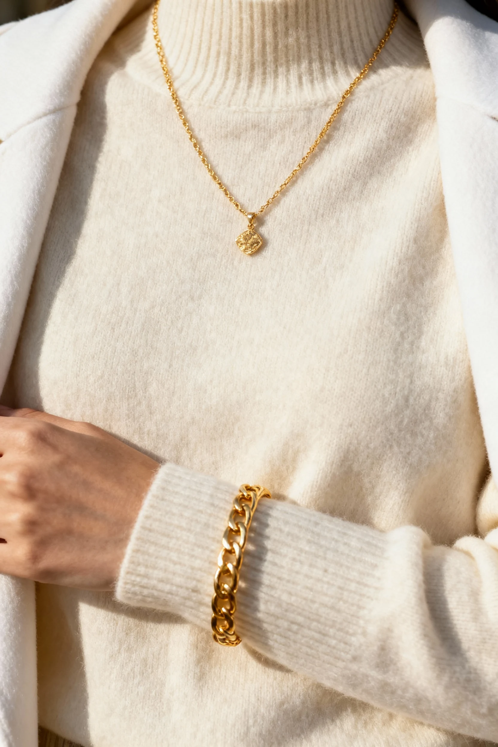 closeup gold jewelry on ivory sweater, female winter white outfit
