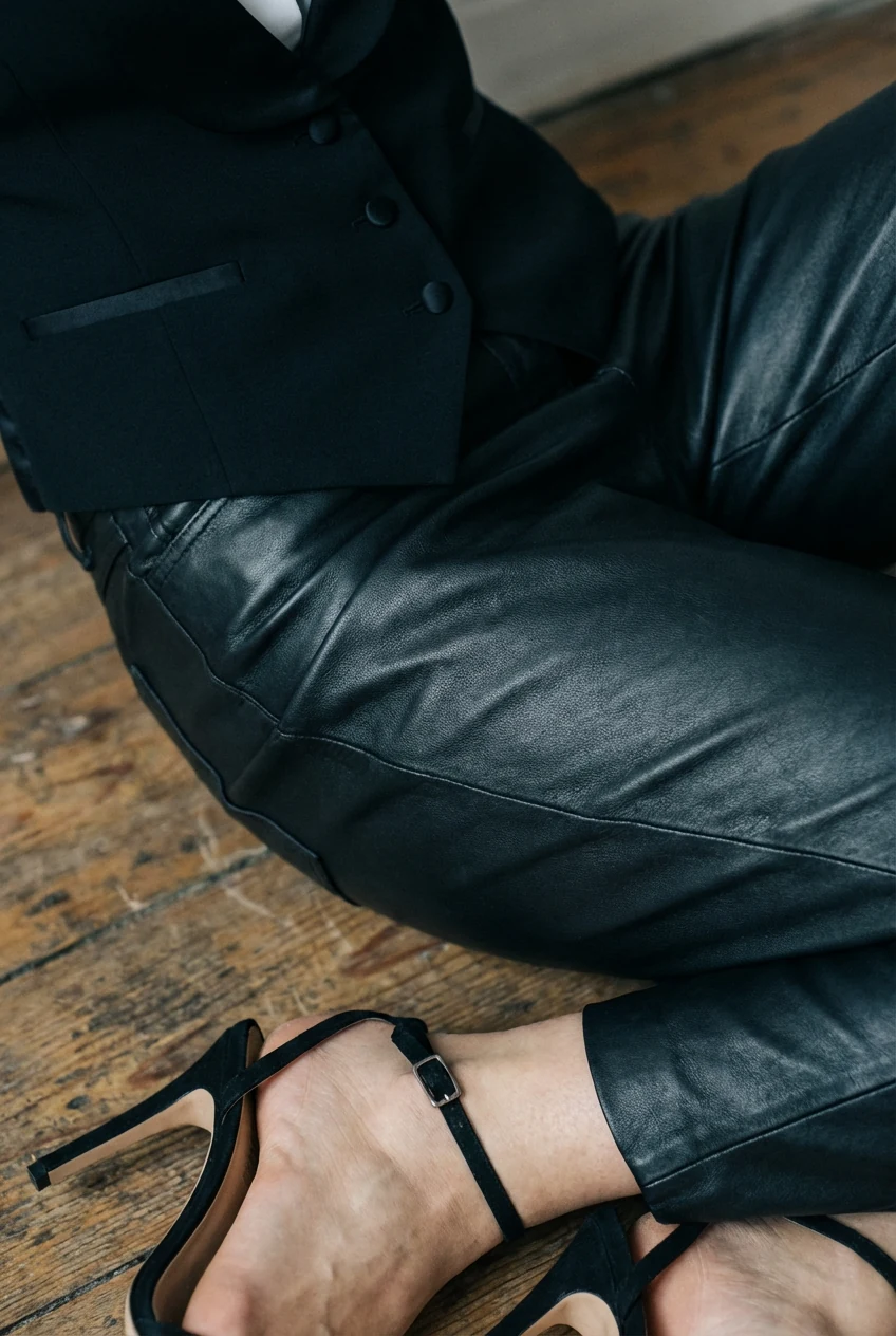 closeup leather trousers, tuxedo vest buttons, strappy heels