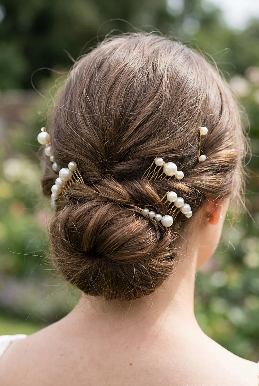 closeup low bun adorned with pearl hair pins