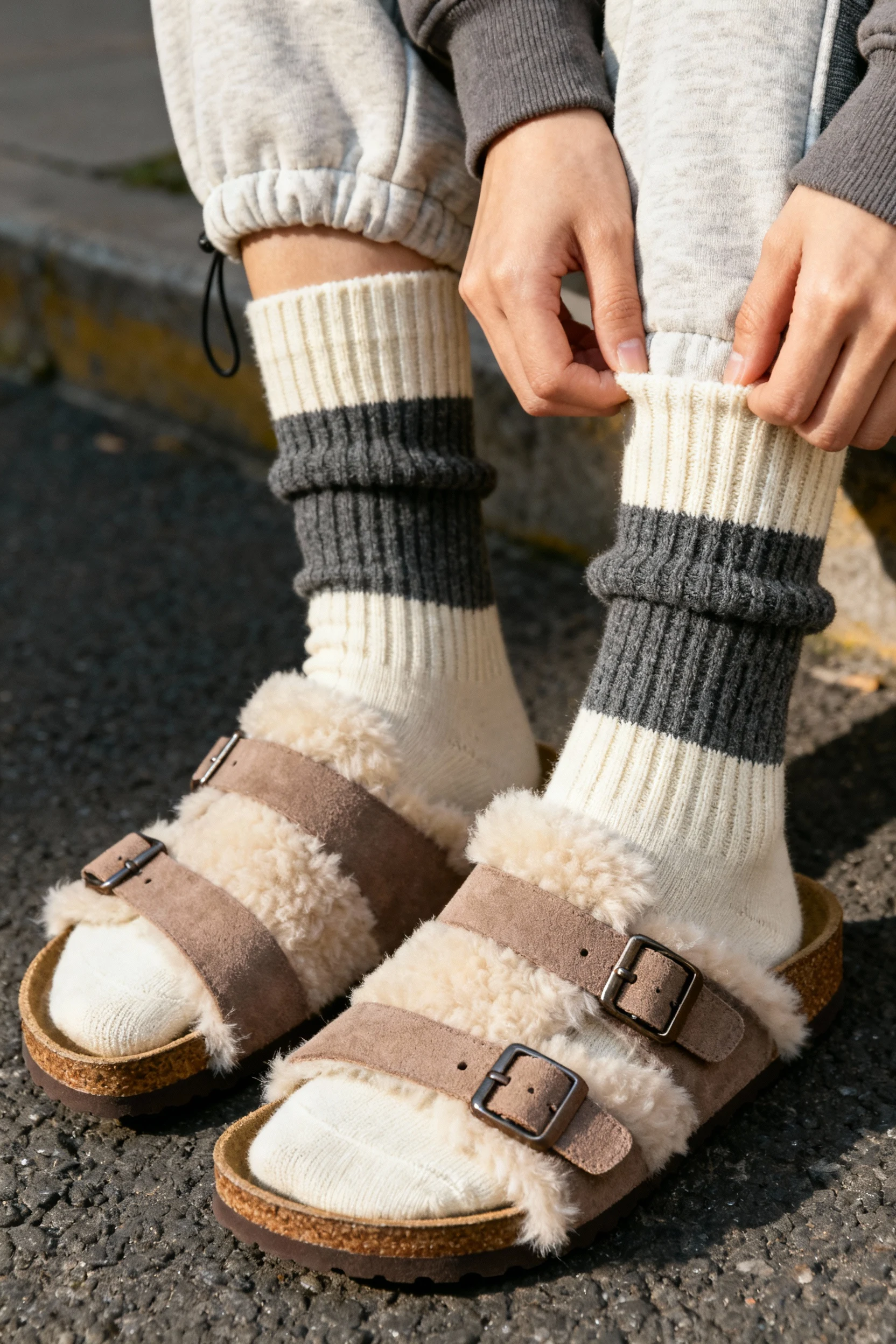 female hands micro-cuffing joggers, thick ribbed socks, shearling Birks