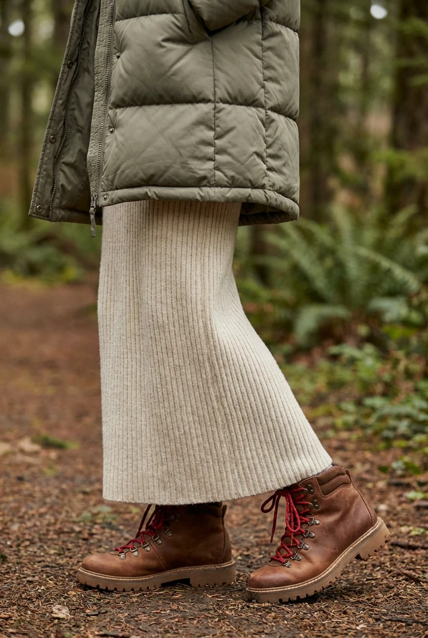 closeup female tonal puffer hem, ribbed knit maxi, hiking boots