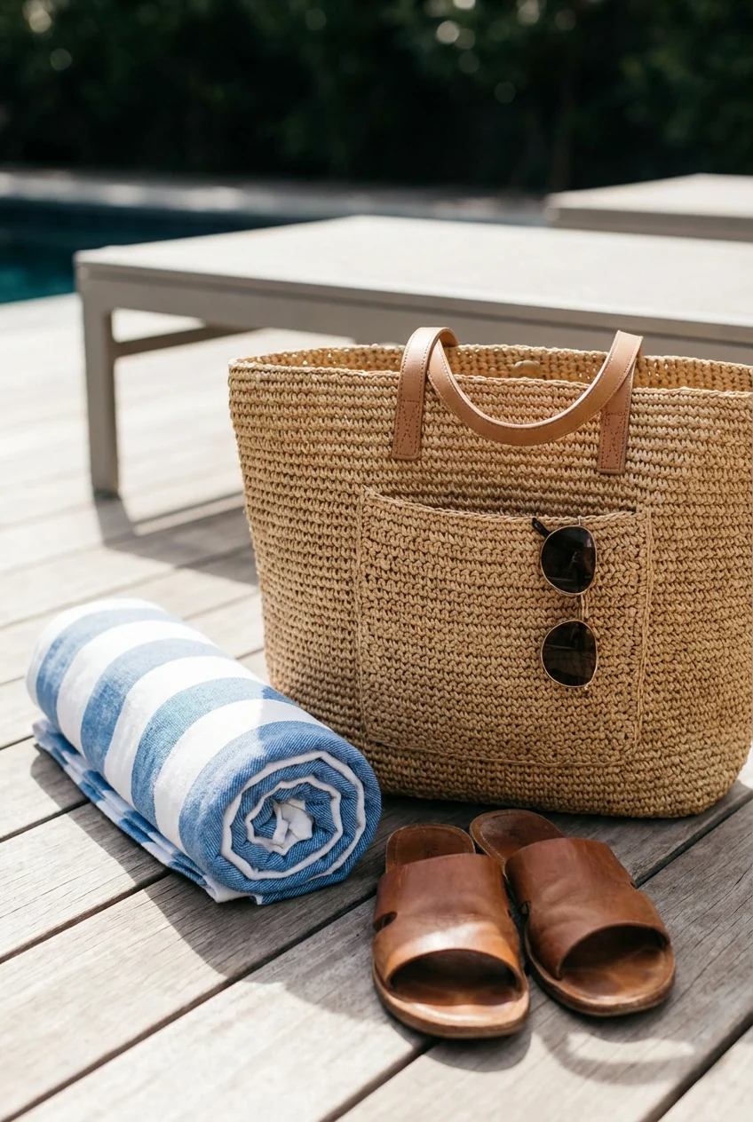 closeup straw tote with rolled towel beside slides