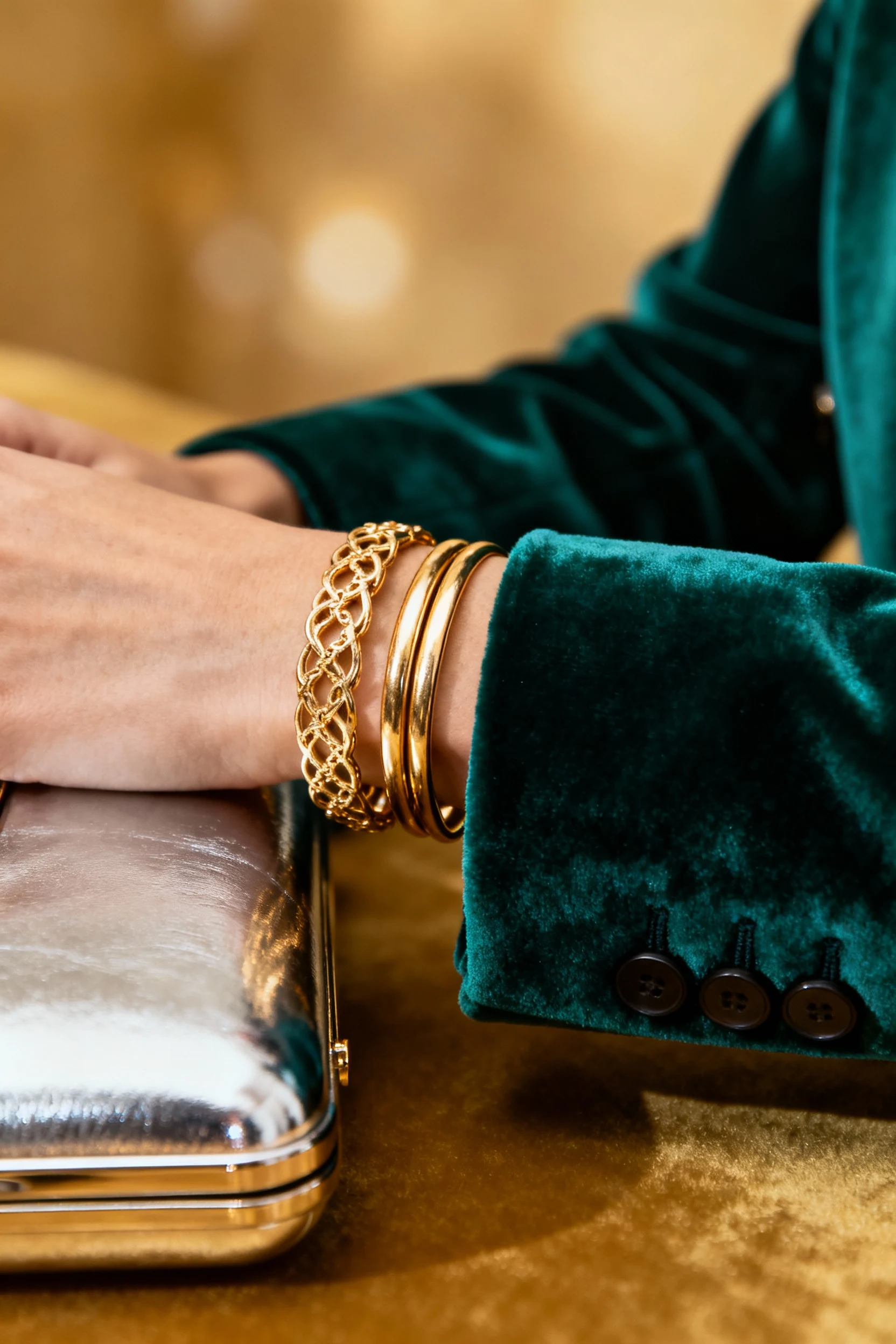 closeup rolled velvet blazer sleeves, stacked gold rings, metallic clutch