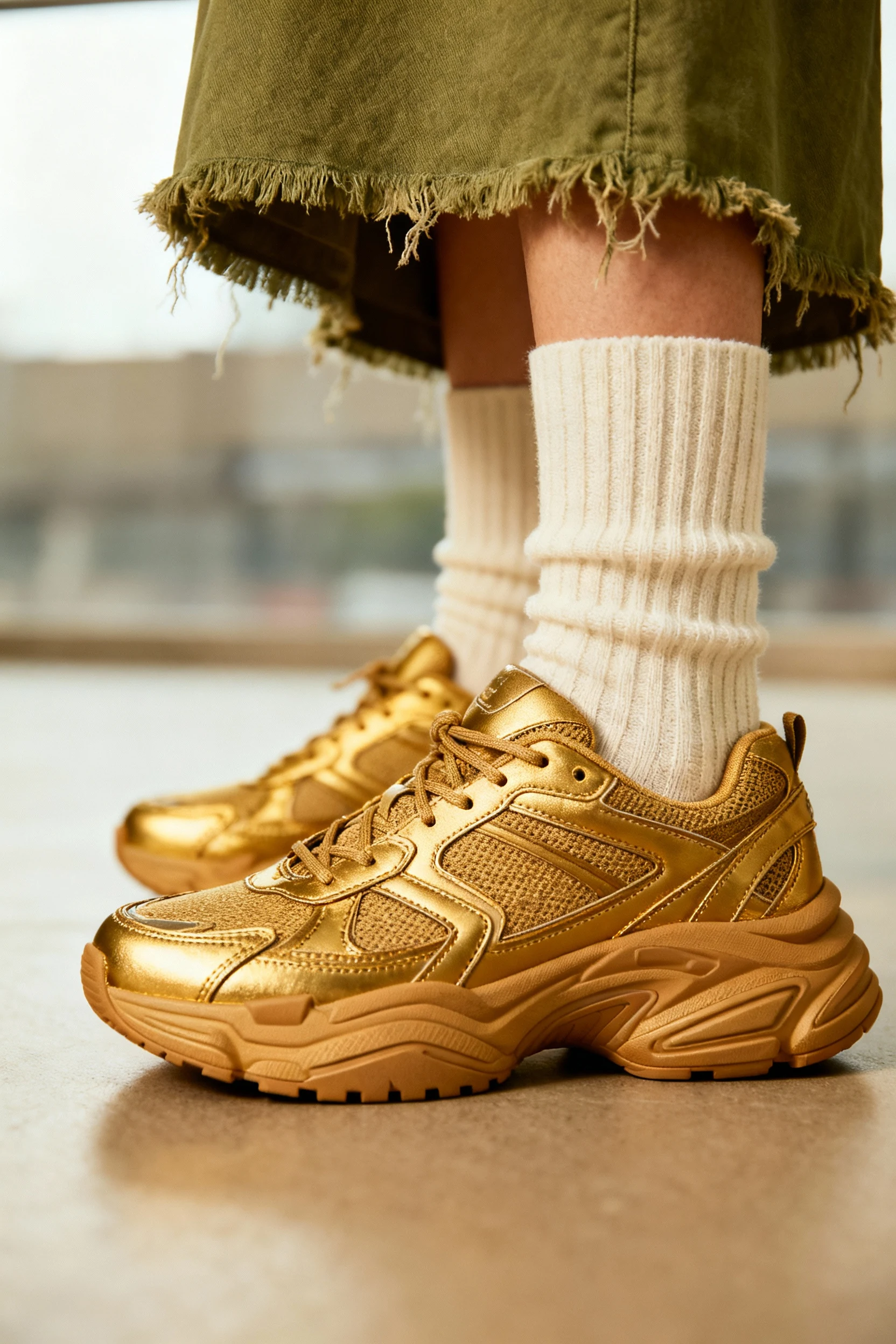 closeup chunky dad sneakers, mid-calf socks, sage skirt hem
