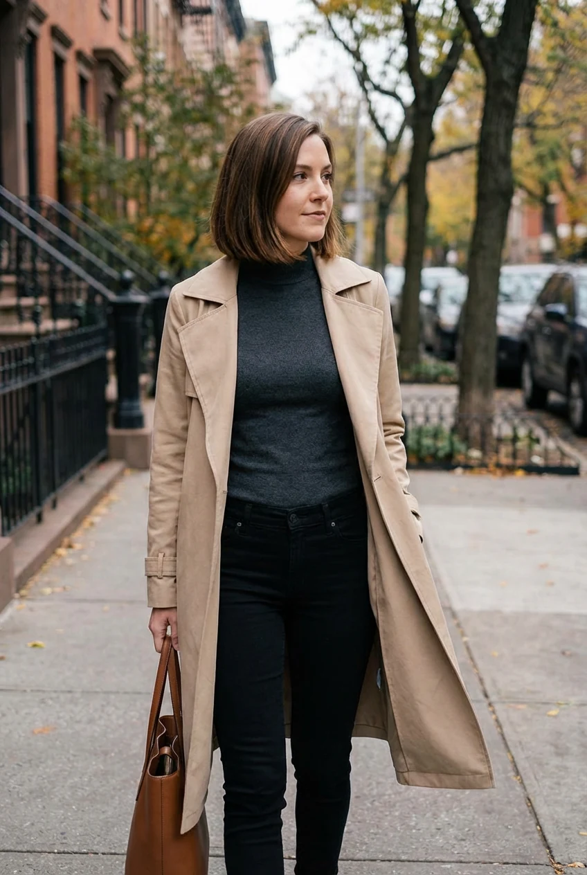Female walking in light trench, sleeveless mock-neck, black jeans