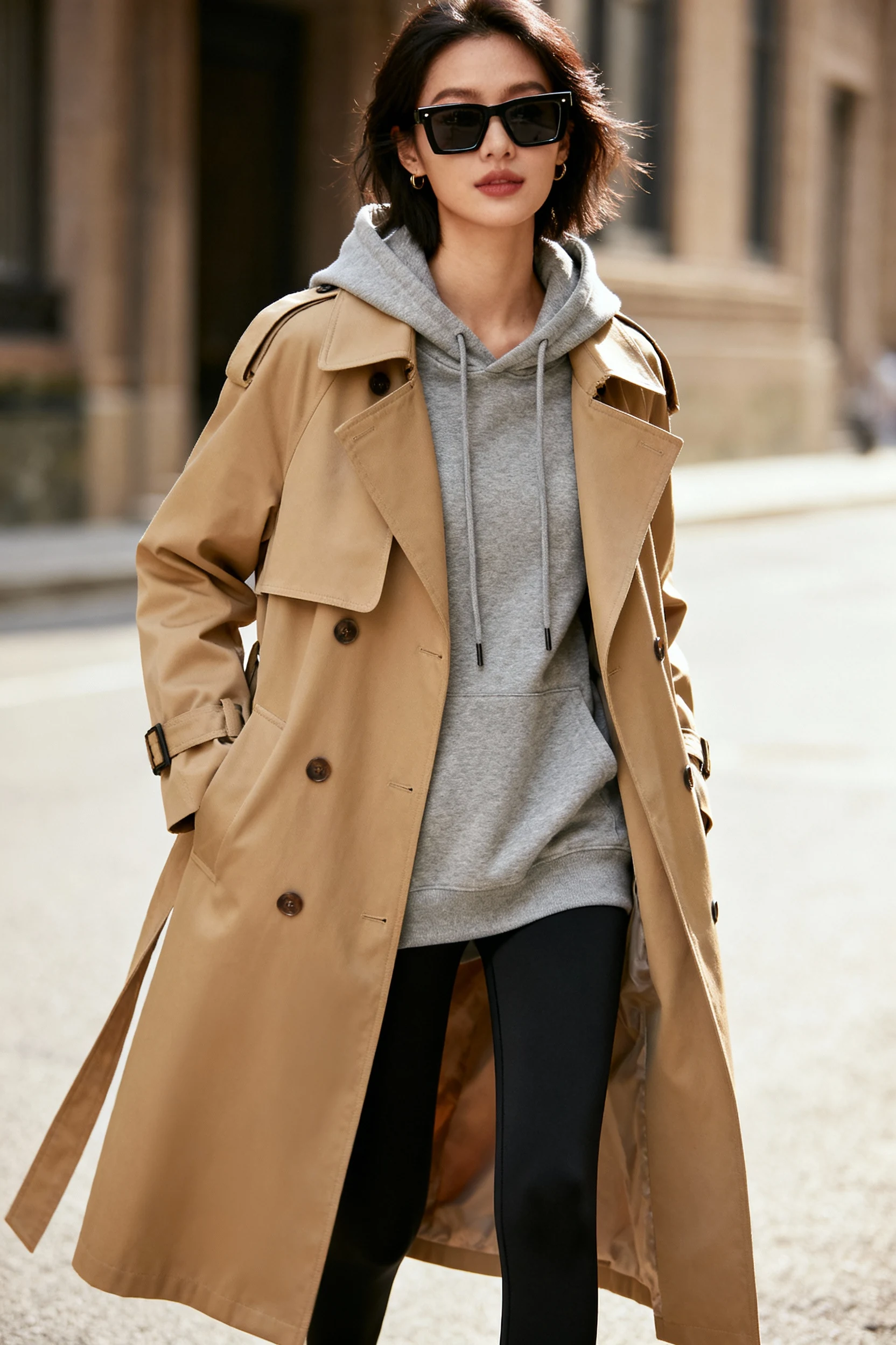 female in tan trench over gray hoodie, black leggings, sunglasses