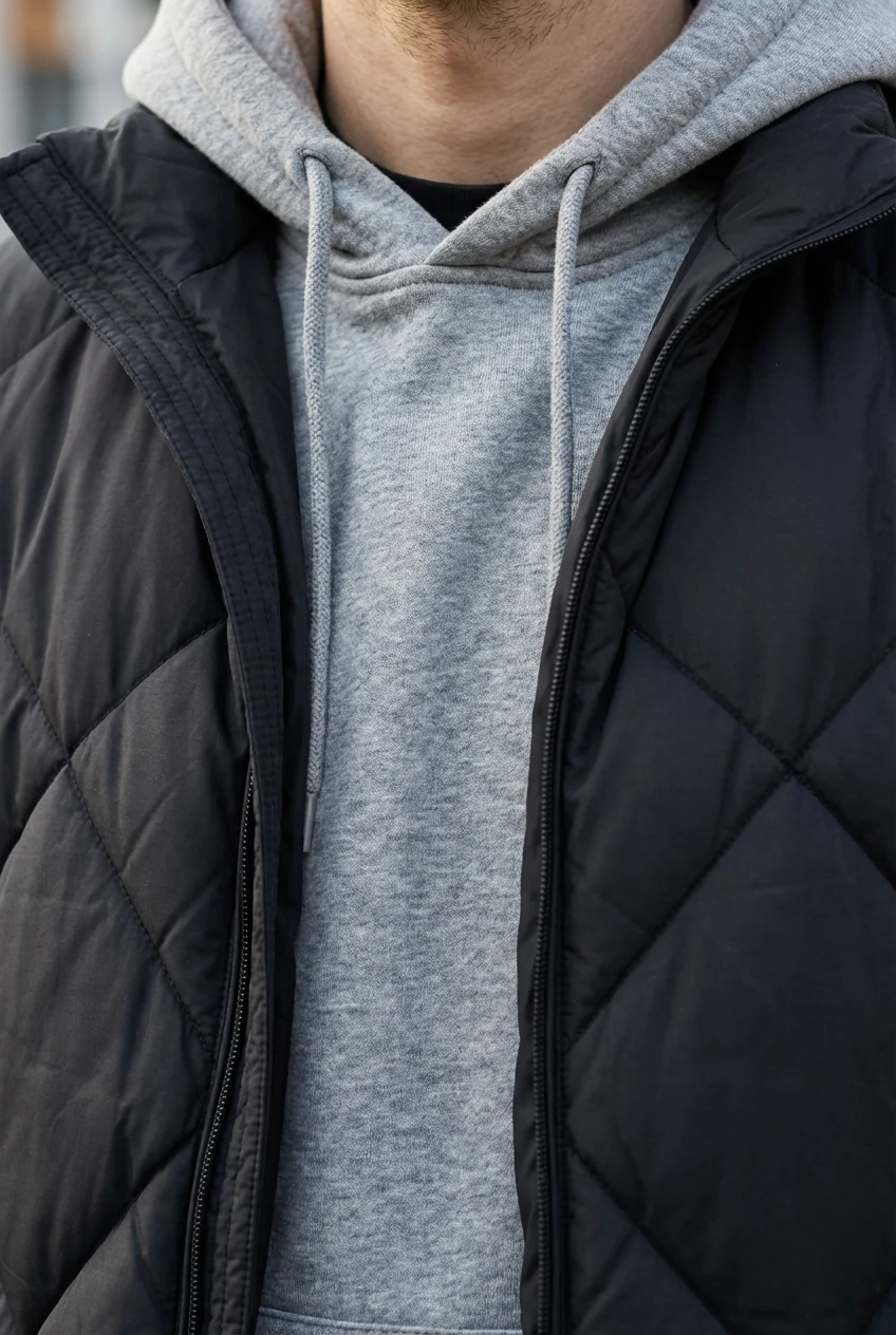 closeup of male black puffer jacket quilting, grey hoodie