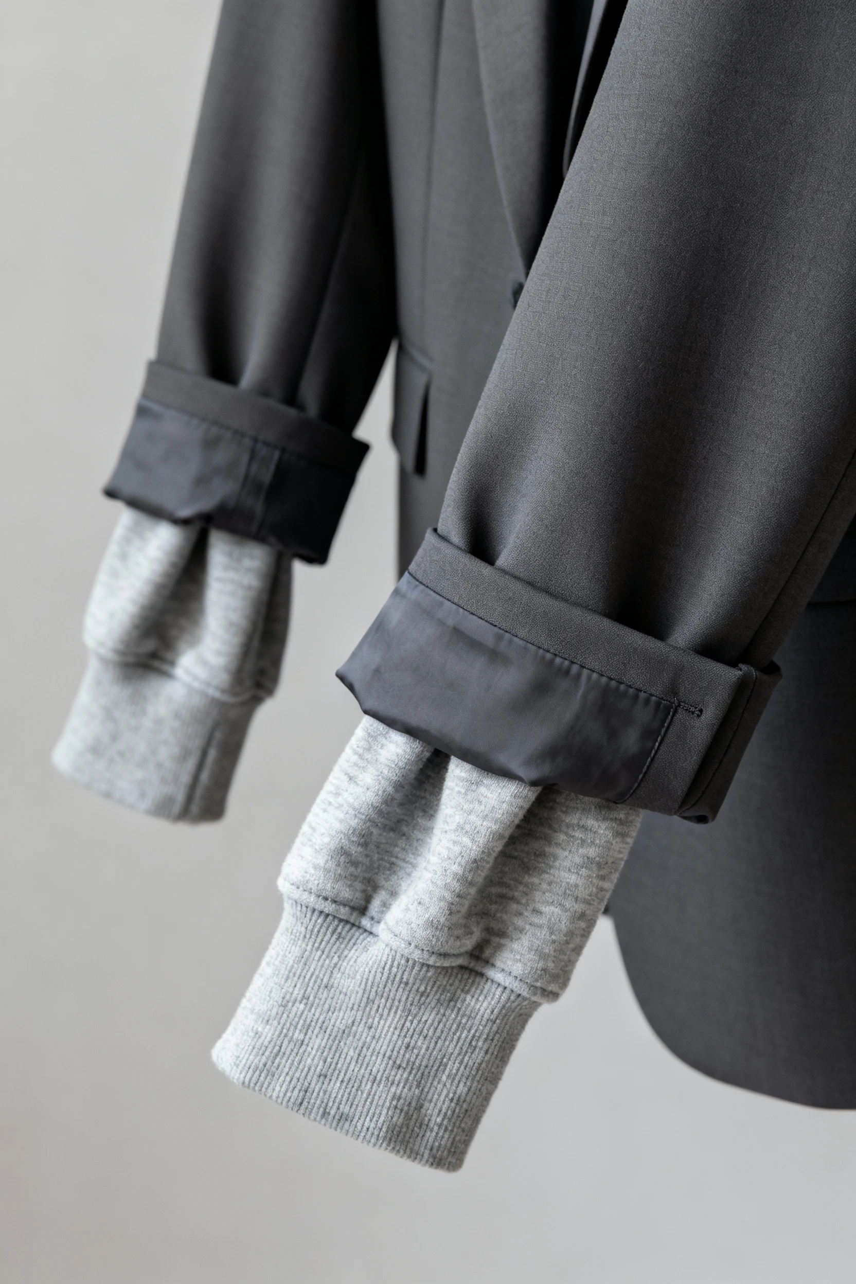 closeup of pushed charcoal blazer sleeves, gray hoodie cuffs exposed