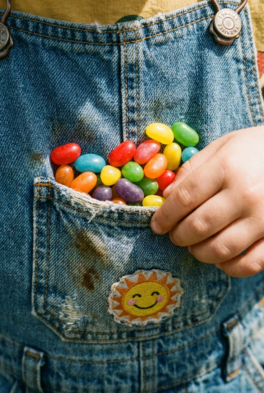 closeup childs denim overalls pocket with colorful jelly beans