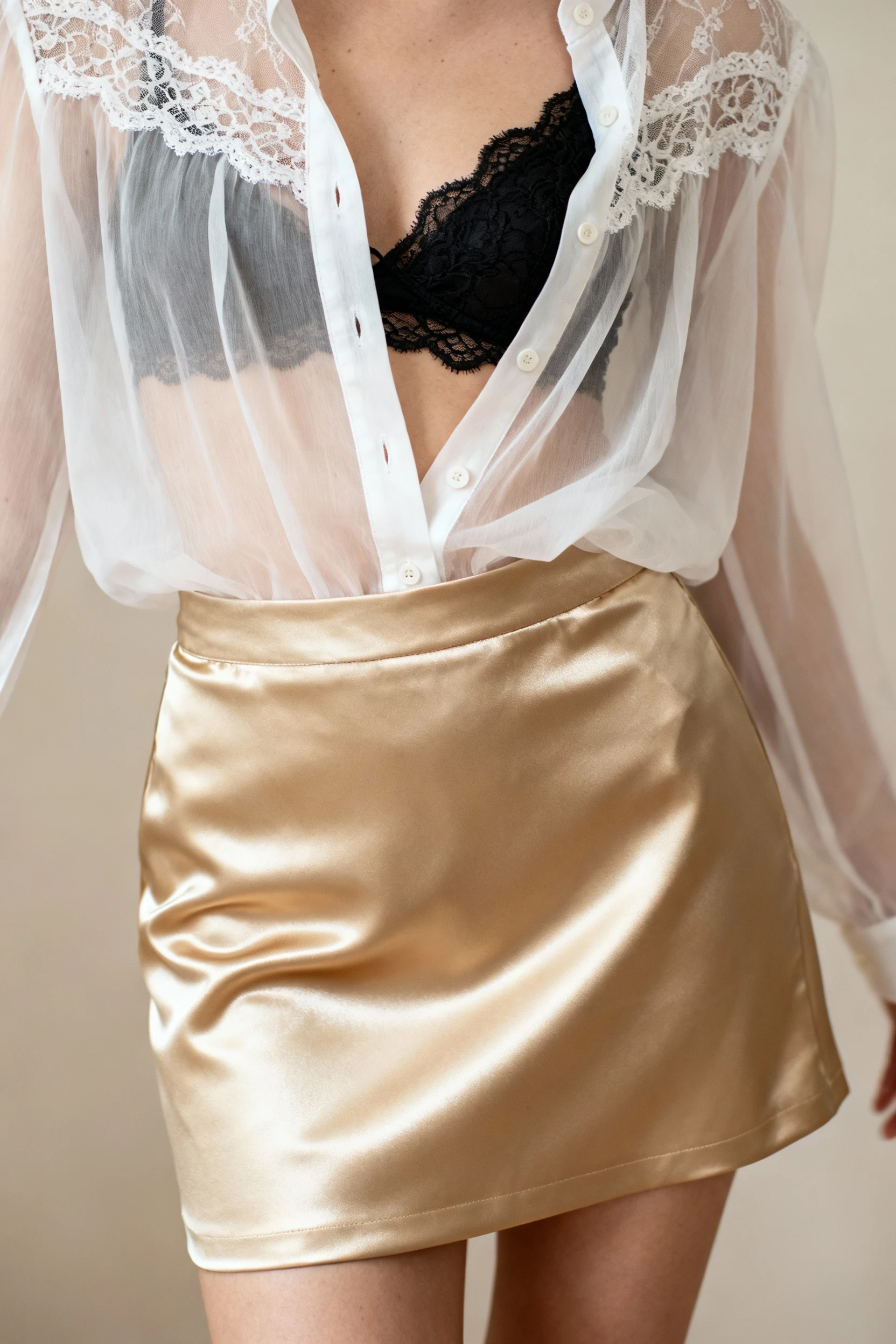 closeup sheer button-down, lace bralette peeking, satin mini