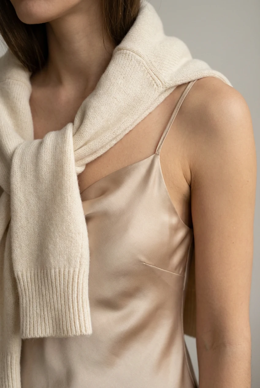 closeup female shoulders, cardigan tied over champagne satin slip