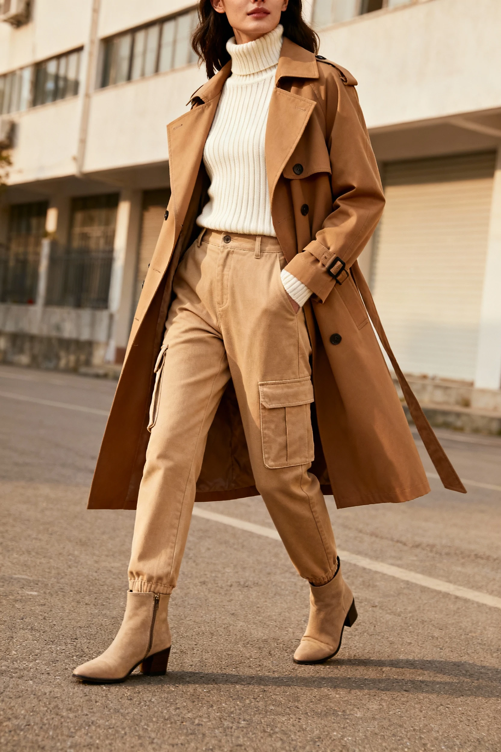 female camel trench, cream ribbed turtleneck, sandy cargos, ankle boots