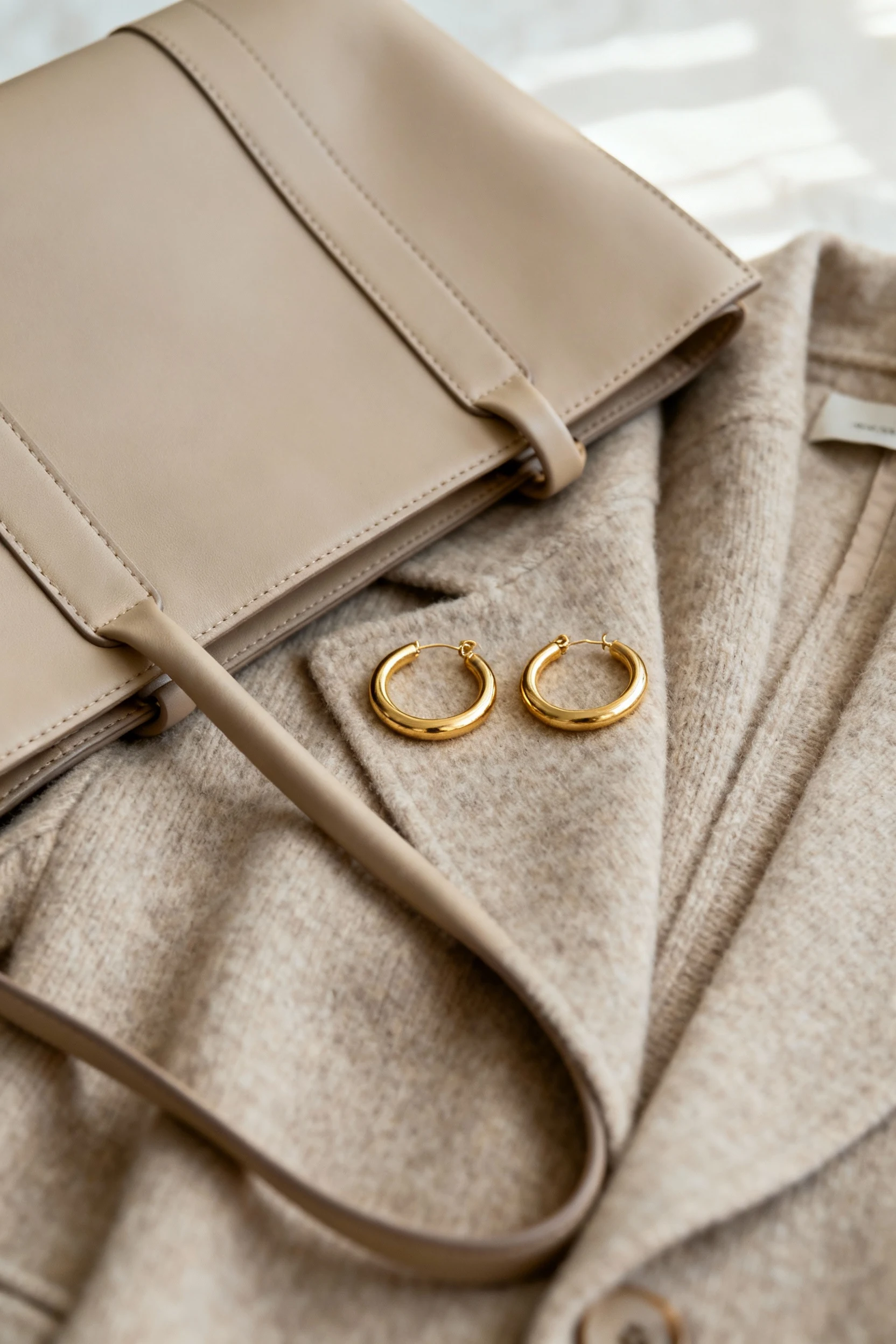 structured tote and gold hoops on oatmeal coatigan