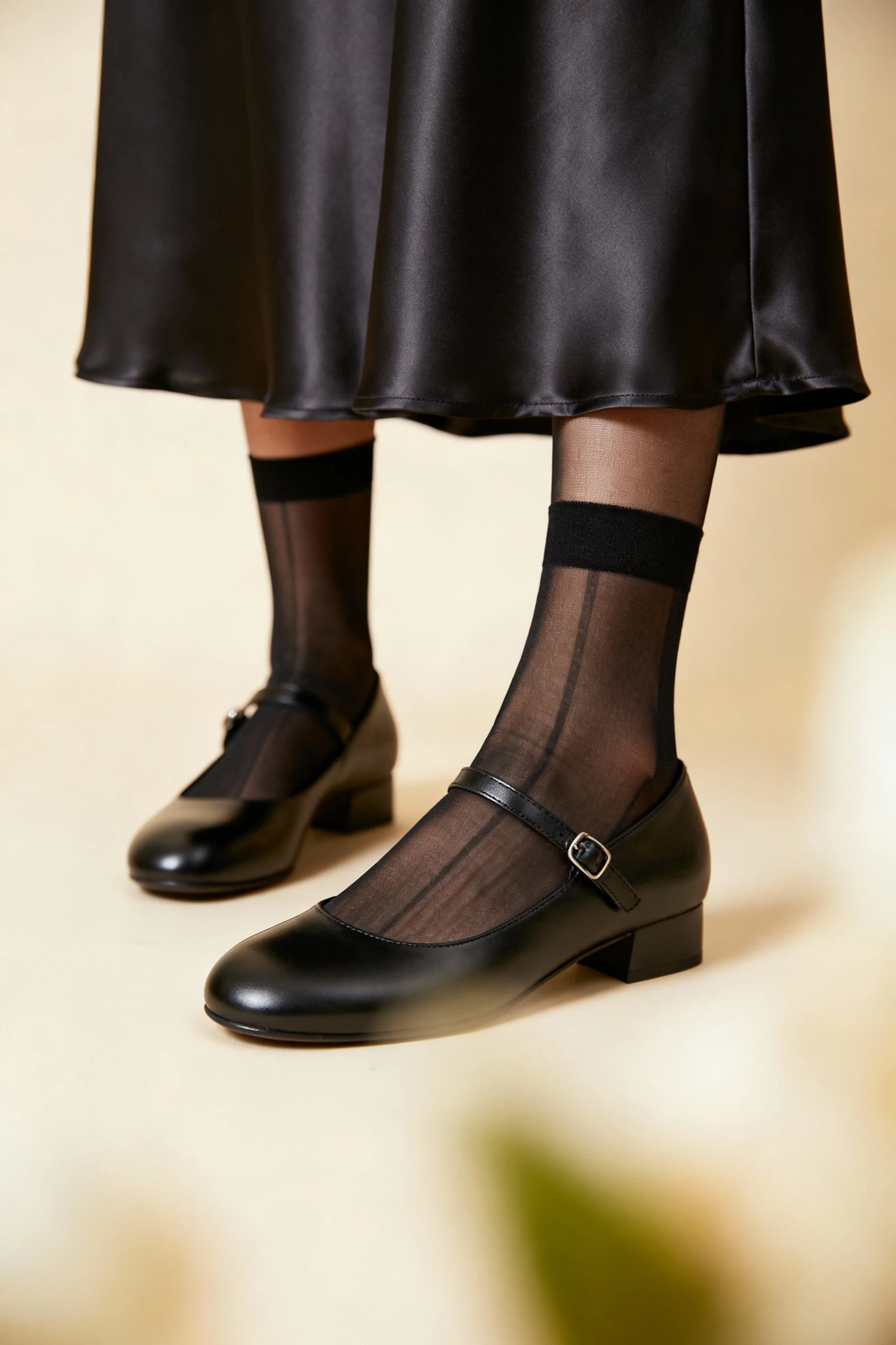 closeup of Mary Janes, sheer black socks, satin midi
