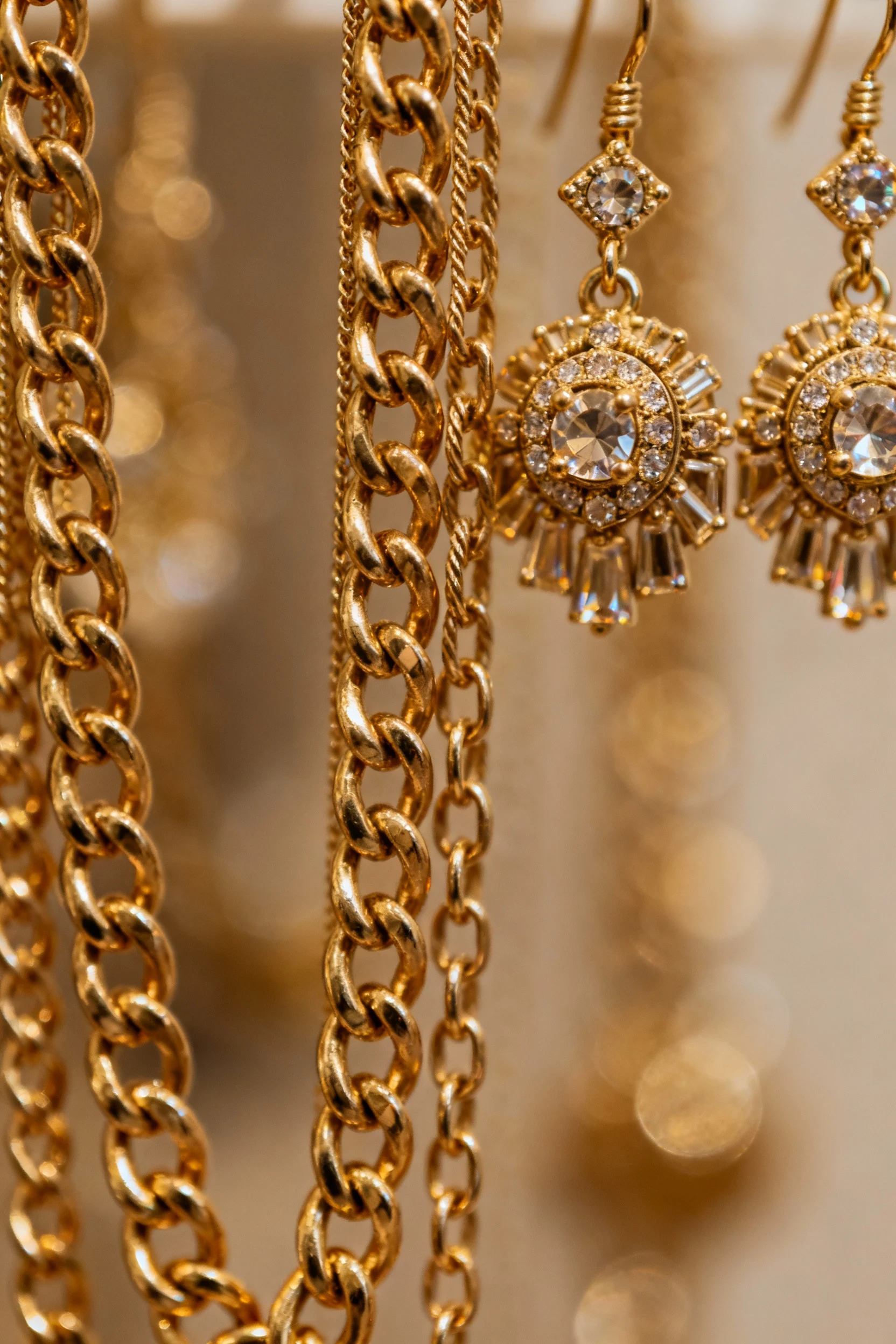closeup of layered gold chains and statement earrings