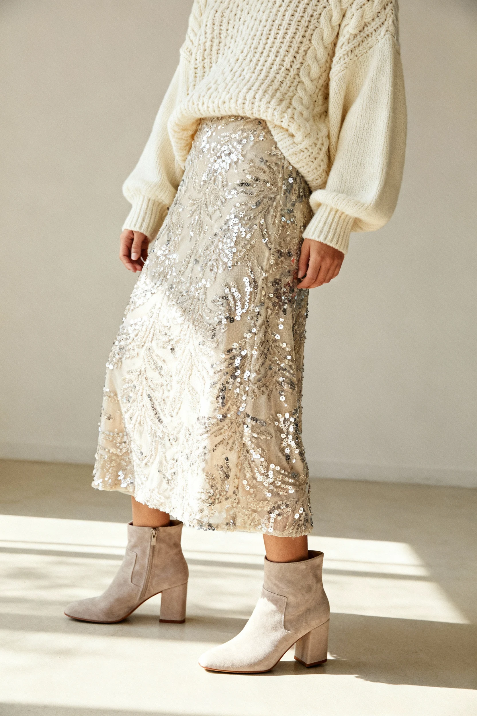 detail sequin midi skirt with cream fisherman sweater, block-heel boots