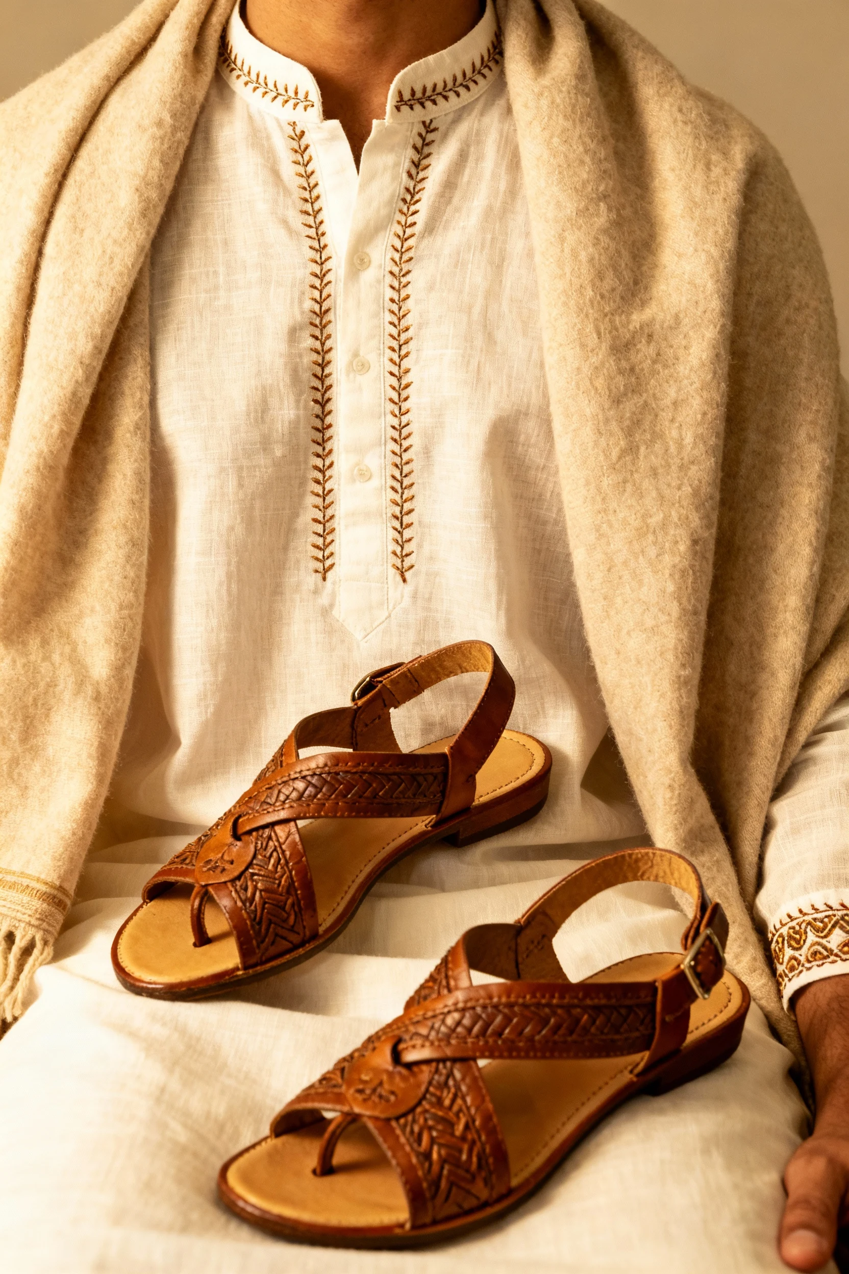 closeup ivory linen kurta, light shawl, Kolhapuri chappals