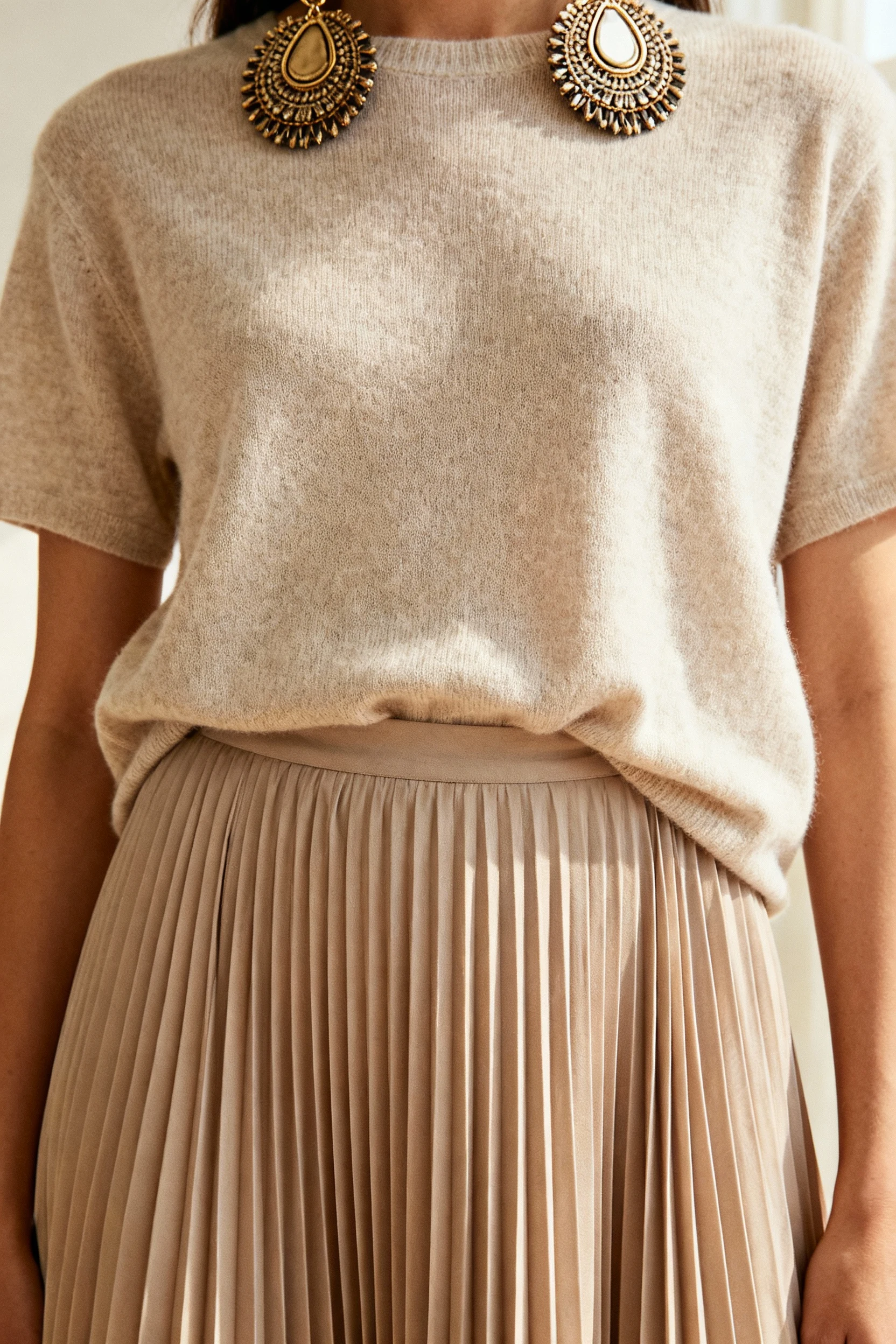 closeup of pleated maxi skirt, knit tee, bold earrings