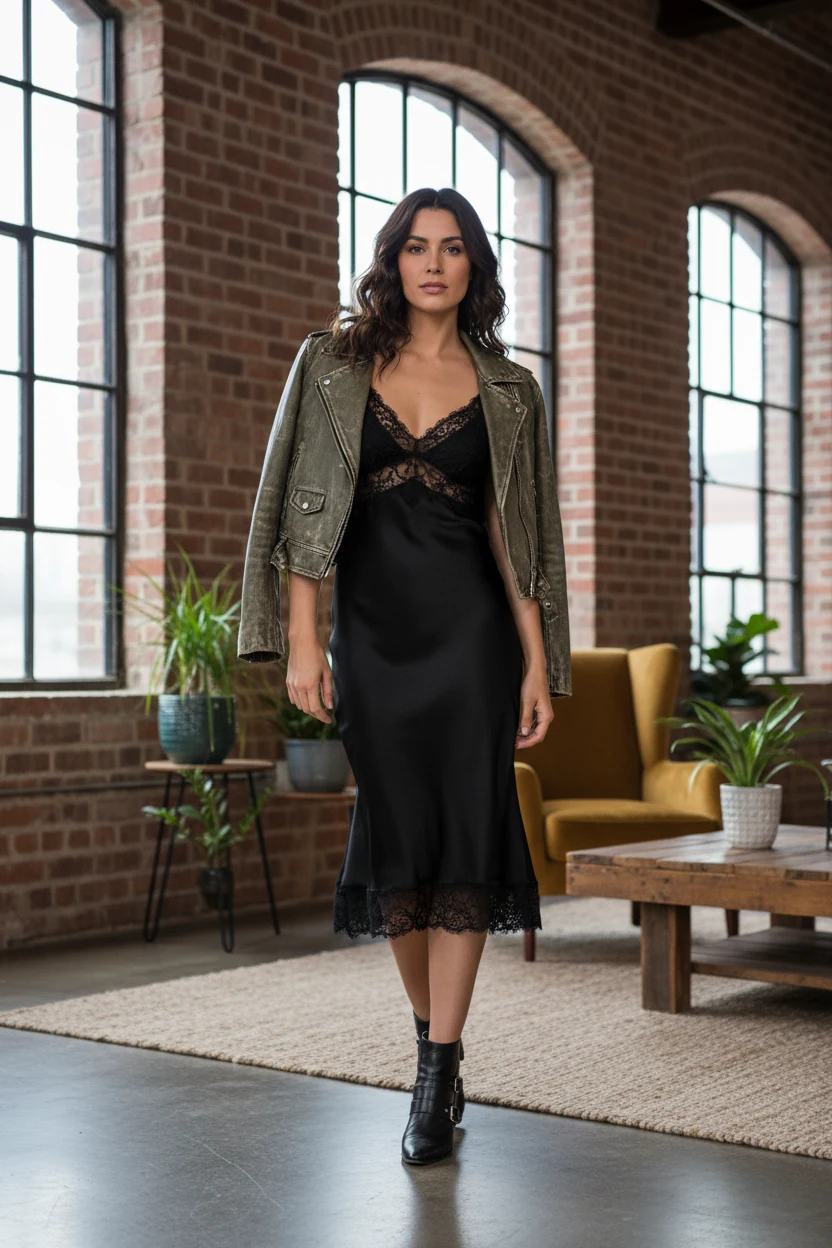 woman wearing lace-trim slip dress under cropped leather moto jacket indoors