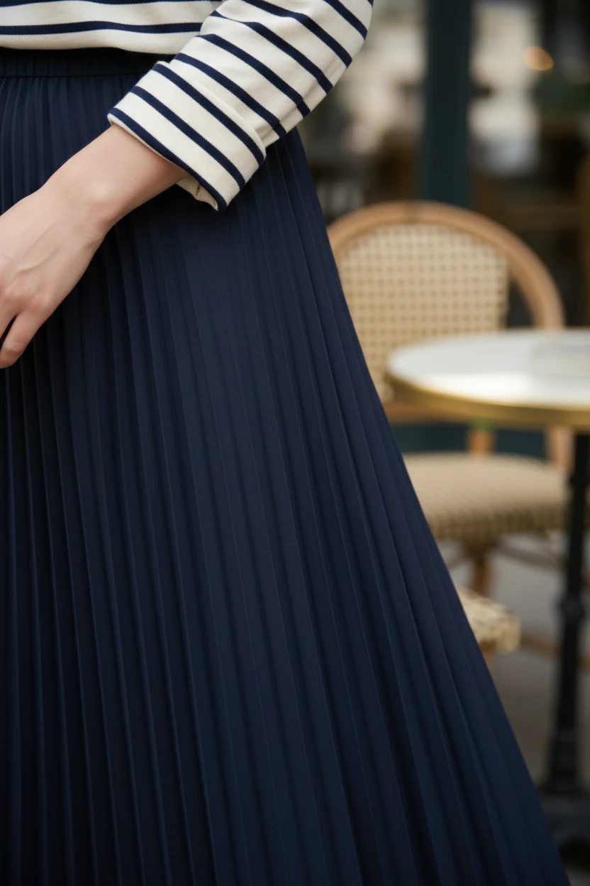 closeup of pleated navy skirt with striped breton top sleeve