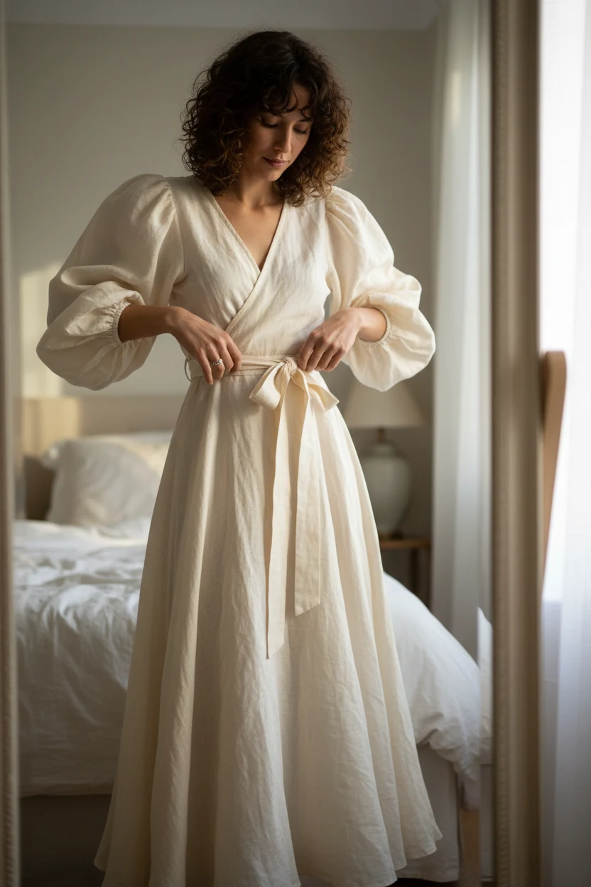 female tying puff-sleeve wrap dress waist ribbon in mirror