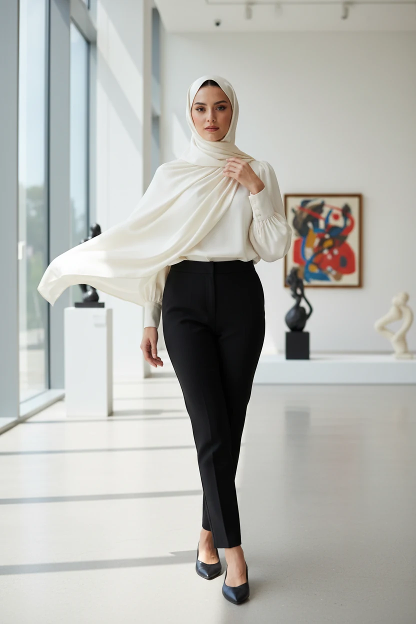 silk hijab paired with high-neck white blouse and black cigarette pants