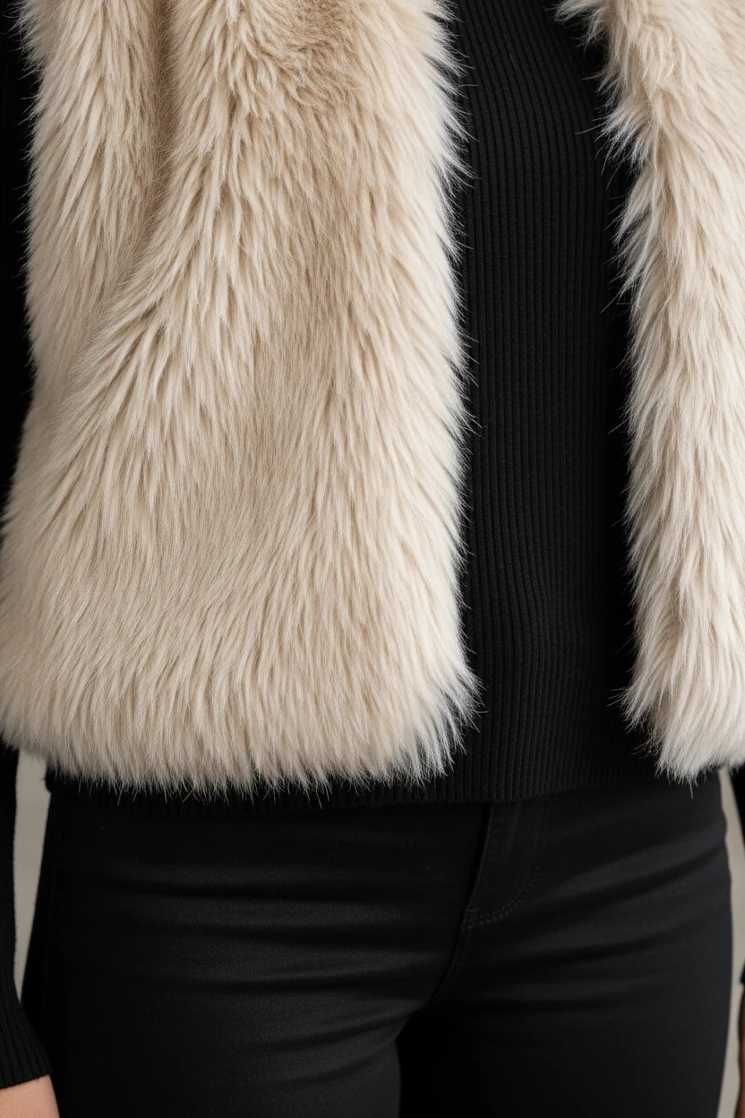 closeup of faux fur gilet texture against black turtleneck and skinny trousers