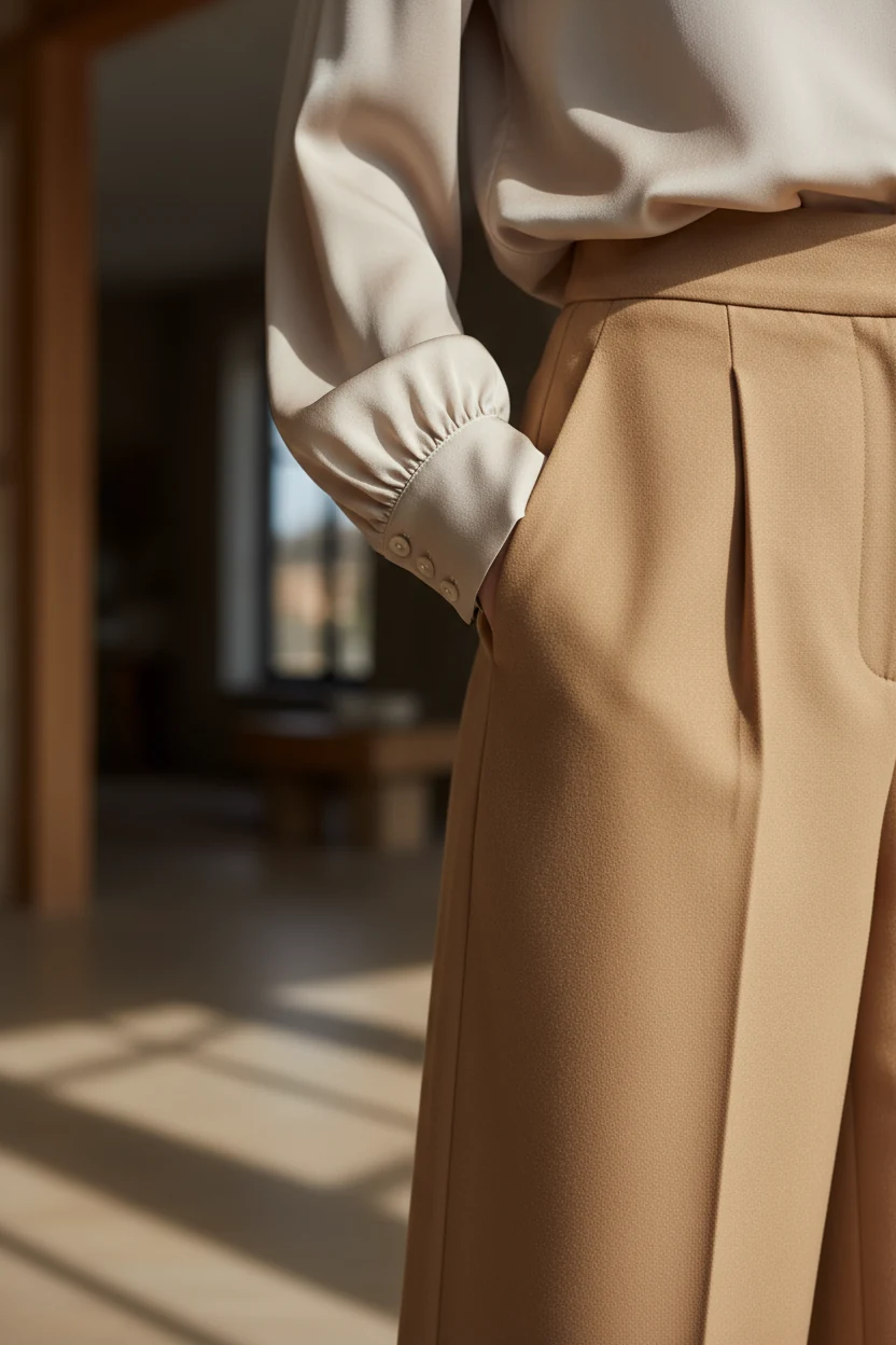 neutral-toned satin blouse sleeve detail with tailored camel culottes