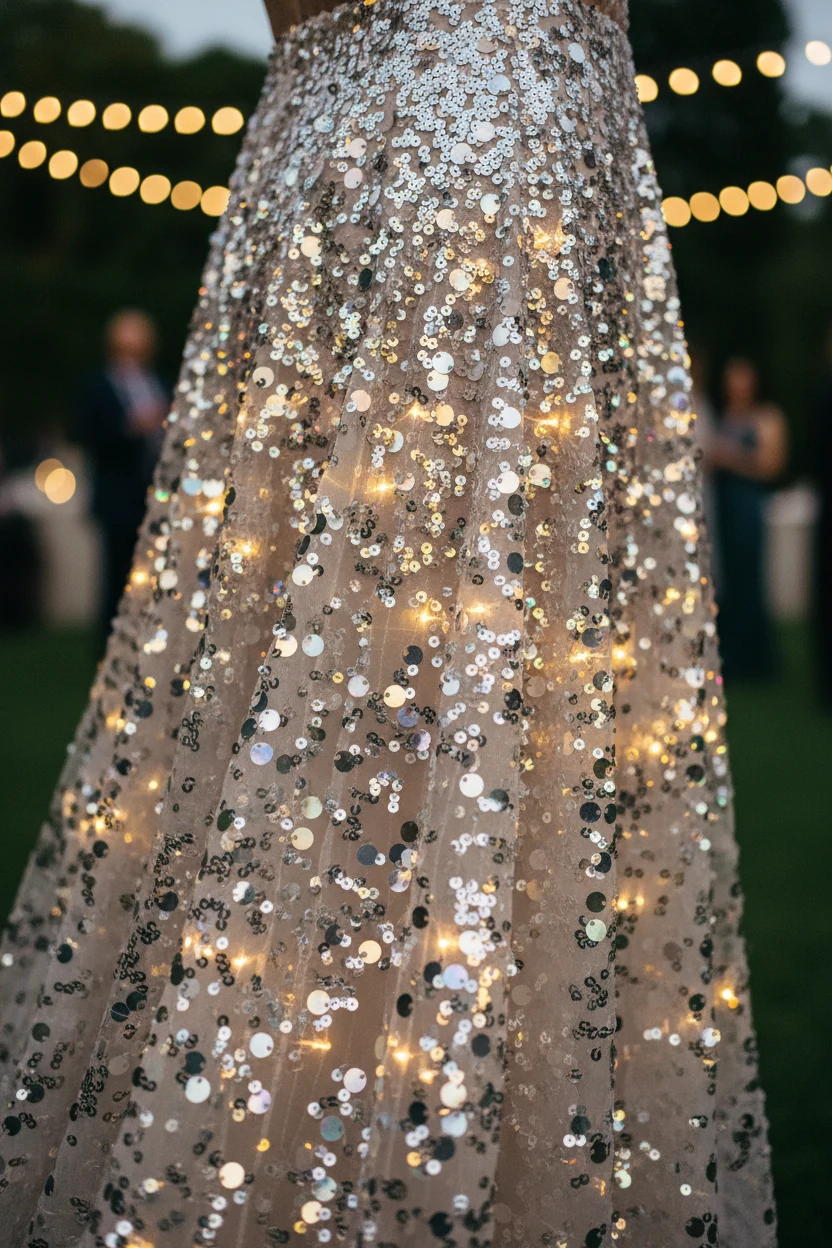 closeup of sequined skirt catching fairy light reflections at evening event