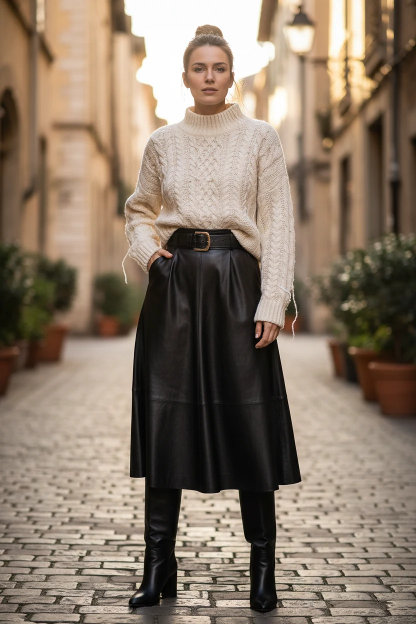 cream cable knit sweater tucked into black leather midi skirt