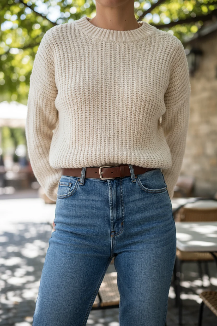 female torso in cropped cream sweater tucked into high-waist blue jeans outdoors