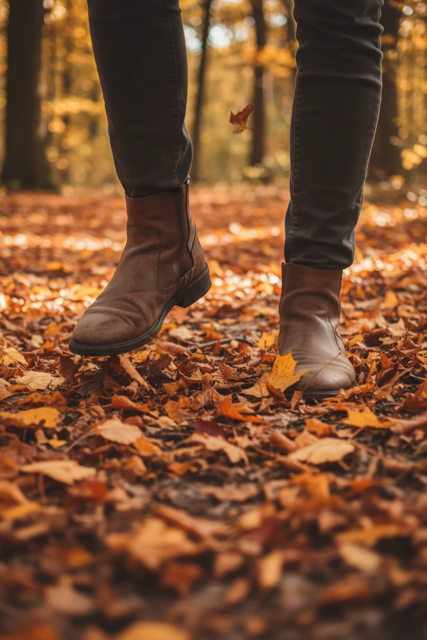 ankle-high leather boots stepping on golden autumn leaves