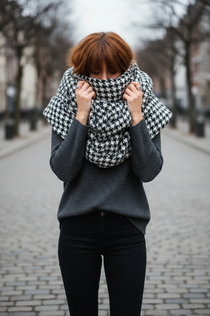 woman wrapping oversized houndstooth scarf around neck above black skinny jeans