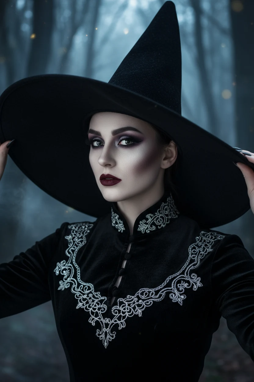 woman adjusting oversized black witch hat with smoky eye makeup