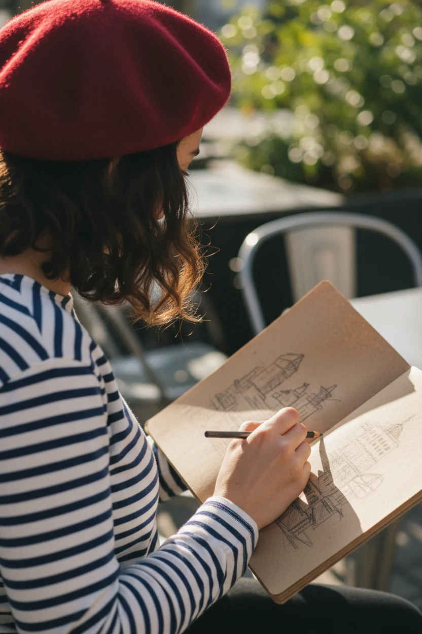 closeup of striped shirt with beret and hand holding sketchbook