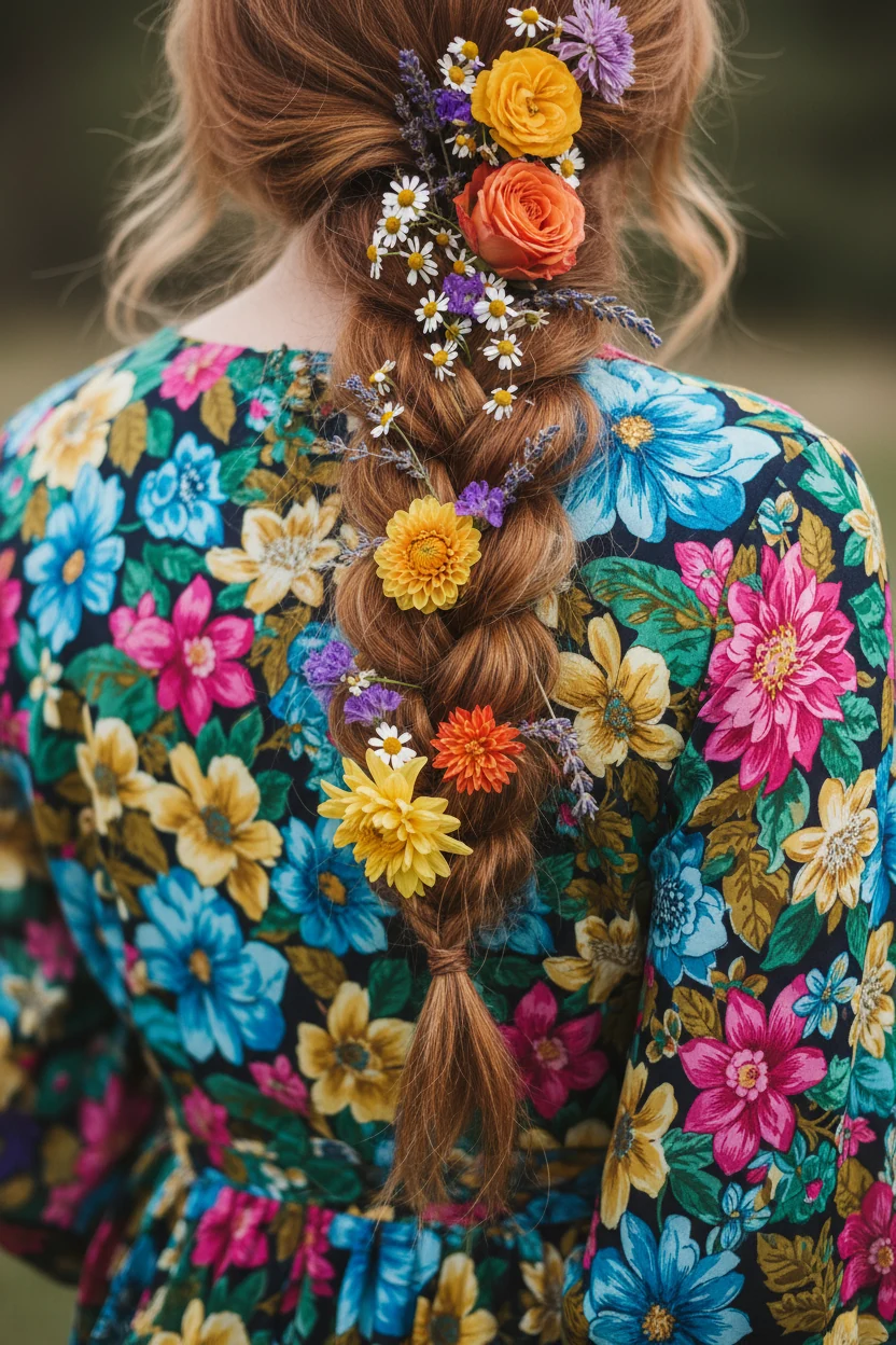 closeup of fresh colorful flowers woven into braided hair above floral dress