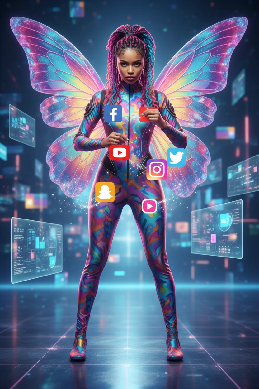 woman in butterfly wings pinning colorful social media icons to jumpsuit