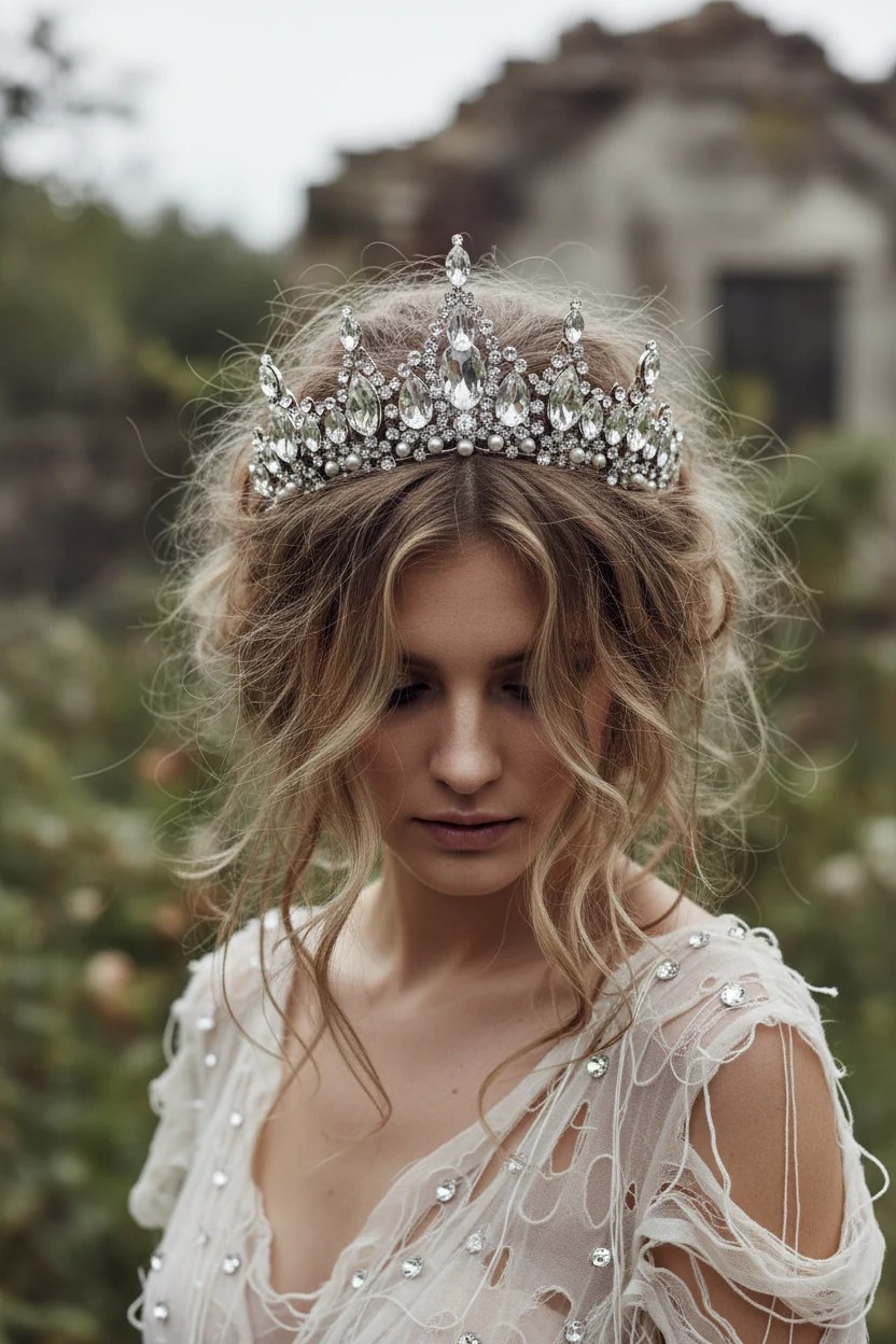 closeup of crystal-studded tiara on messy-haired bride in tattered chiffon wedding dress