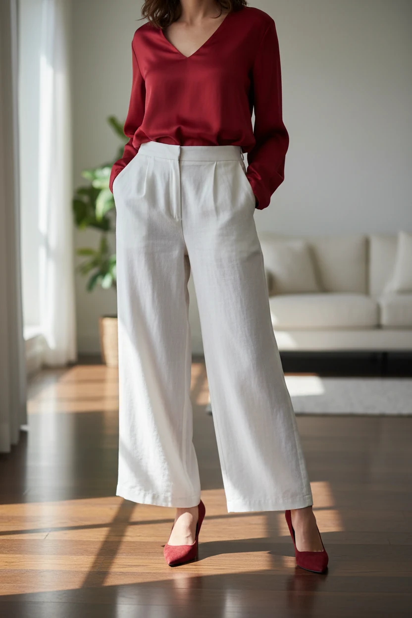 white wide-leg trousers with red silk blouse and pointed pumps on wooden floor
